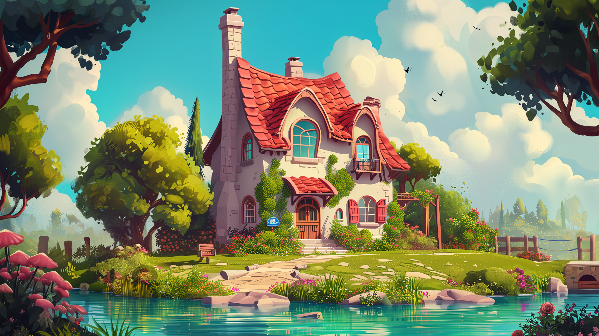 Enchanting fairy-tale house by a serene lake HD wallpaper for desktop background, with vibrant colors and whimsical landscaping.