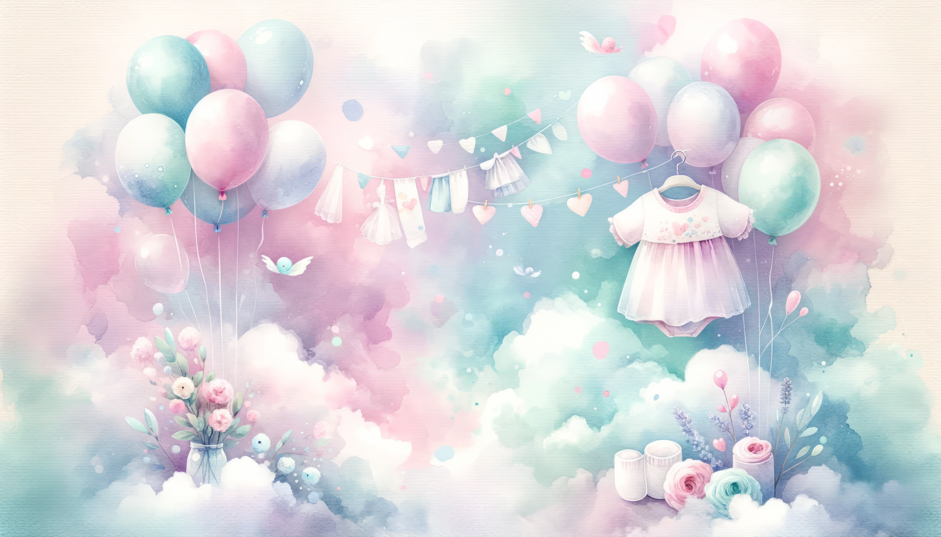 HD baby shower desktop wallpaper featuring pastel balloons, flowers, and baby clothes in a dreamy cloudscape.
