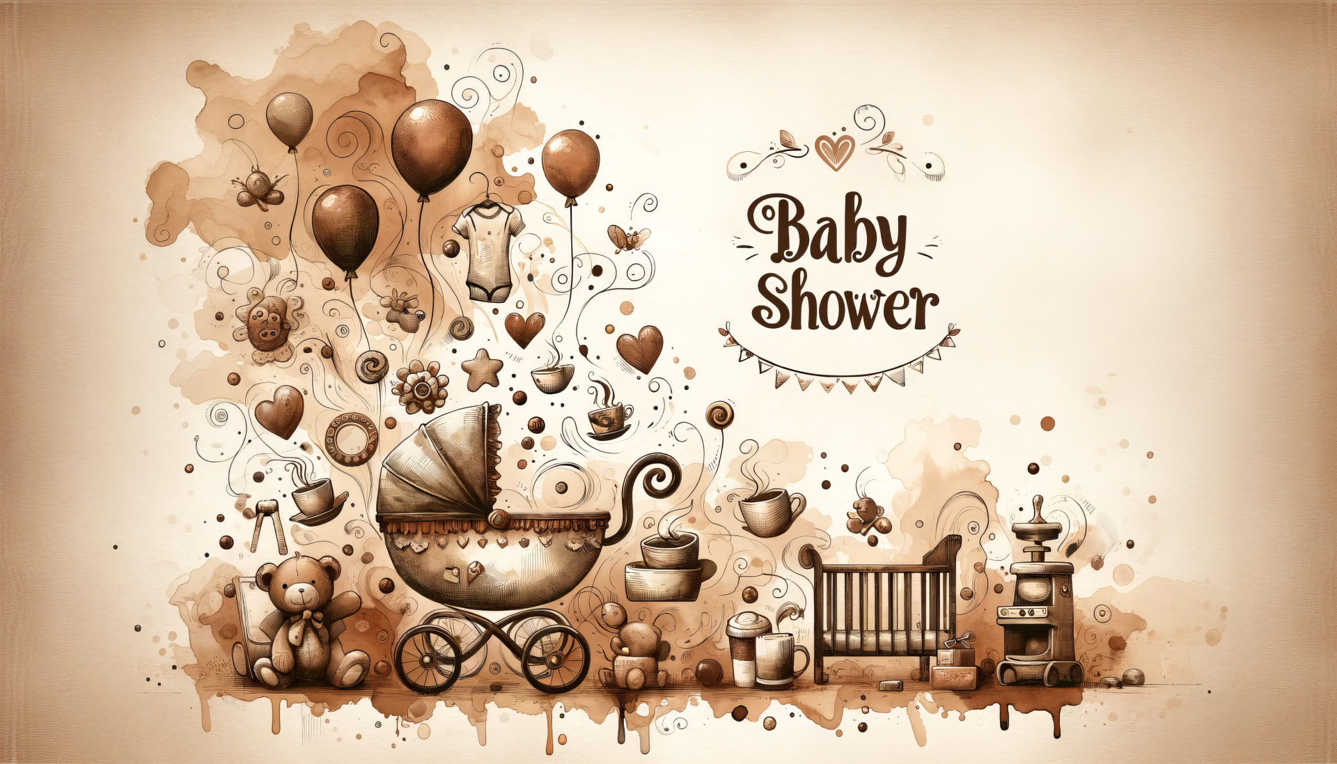 Vintage-themed baby shower HD desktop wallpaper with sepia tones featuring illustrations of balloons, a pram, teddy bear, and baby furniture with 'Baby Shower' text at the center.