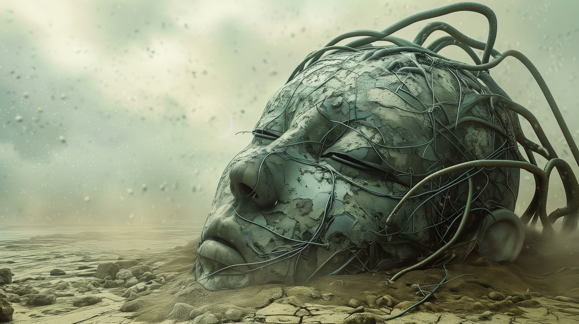 HD Wallpaper of an artistic representation of an artificial intelligence concept with a fractured robotic head and wires, set against a desolate landscape background.
