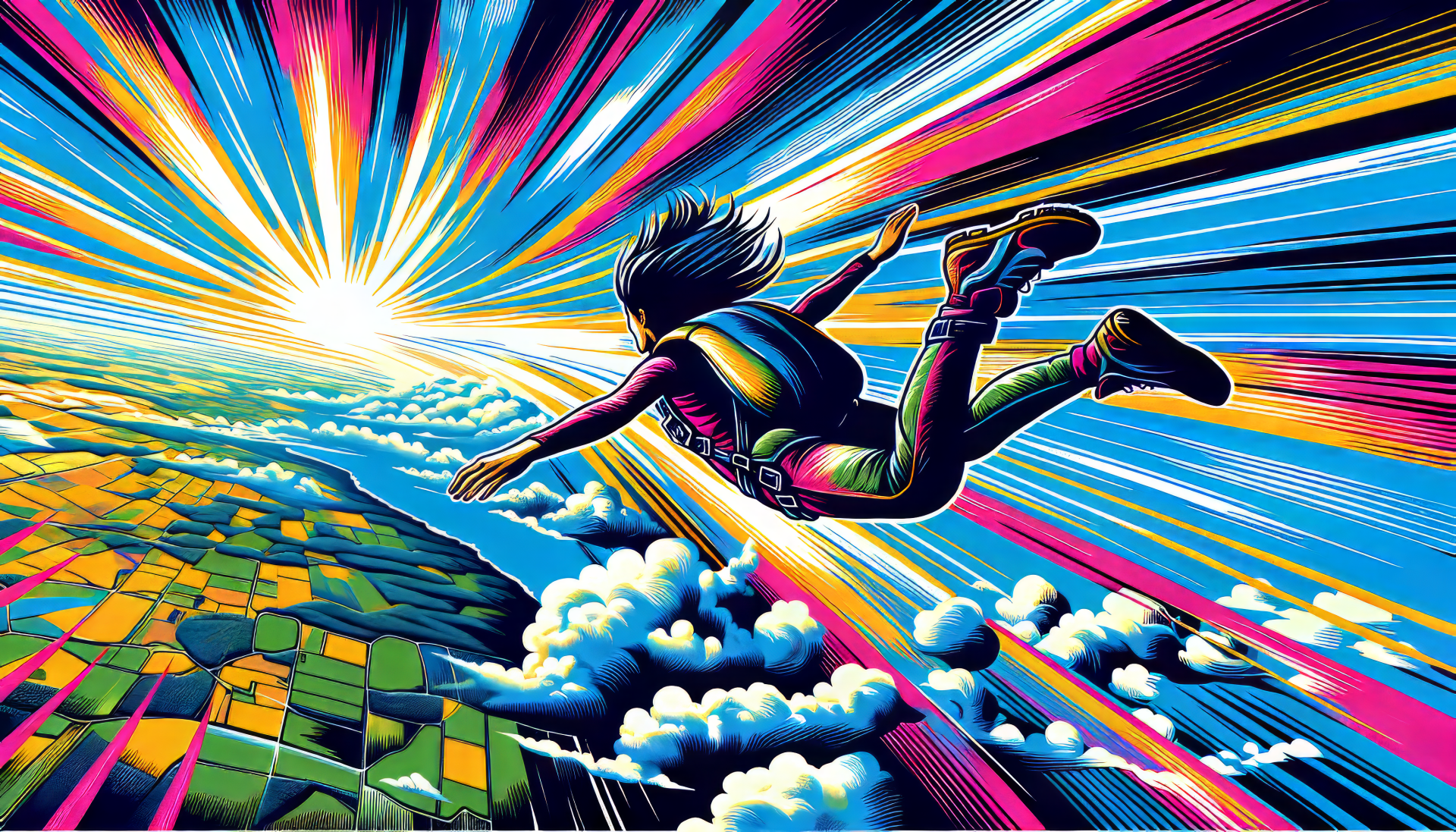 Vibrant illustration of a skydiver in mid-air with a colorful backdrop, suitable as an HD desktop wallpaper or background with a skydiving theme.