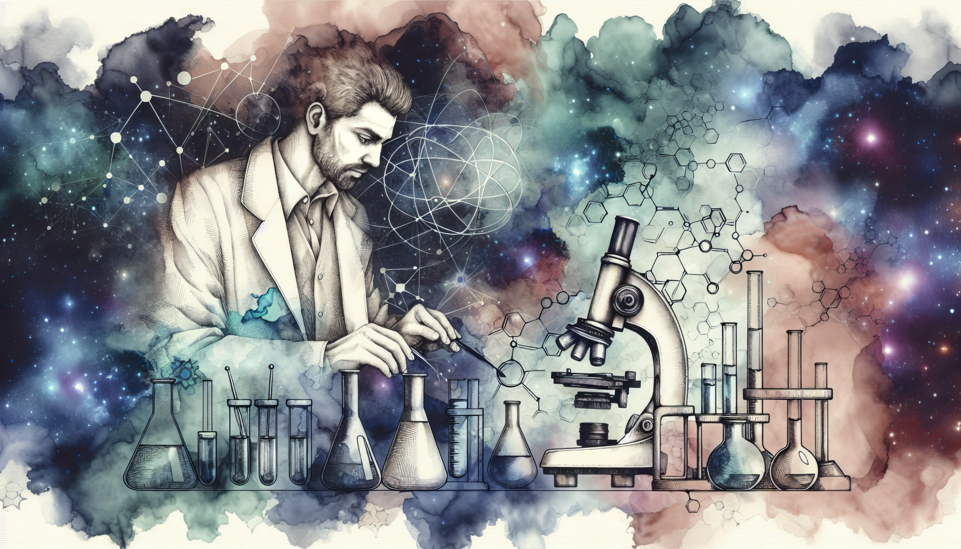 Artistic HD wallpaper of a scientist working in a lab with a microscope and chemistry equipment against a cosmic watercolor background.