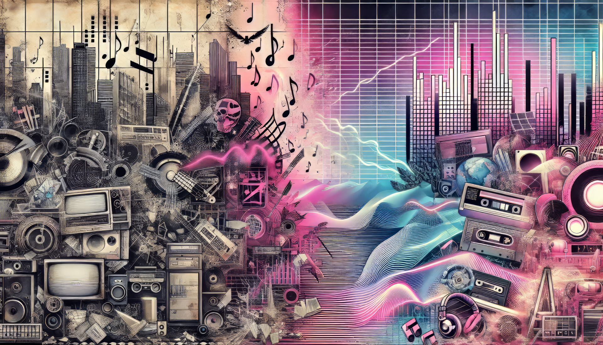 A vibrant chillwave-inspired HD desktop wallpaper featuring a blend of retro music equipment, dynamic waves, and musical notes, capturing a nostalgic yet modern aesthetic.