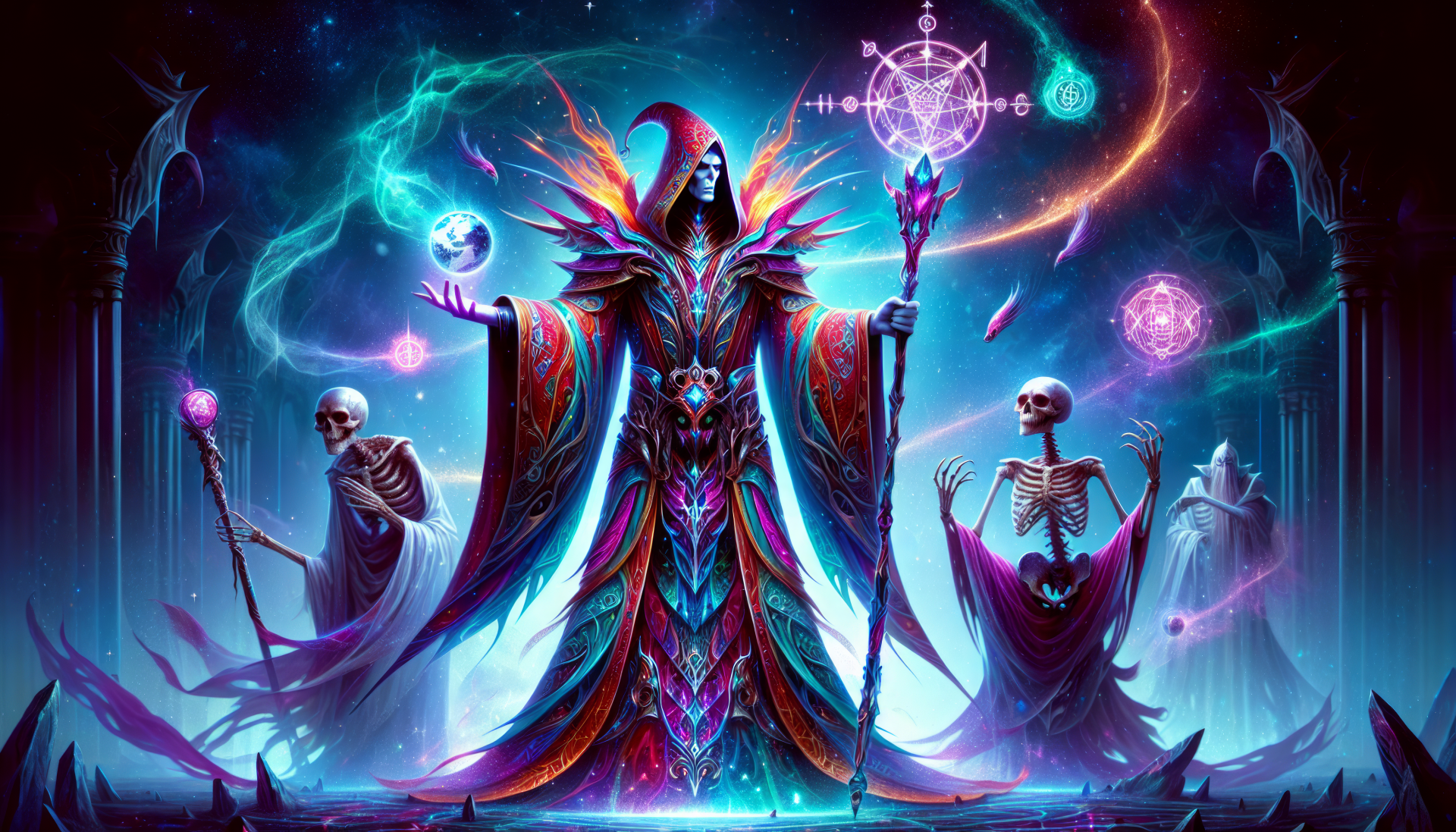 A vibrant HD wallpaper featuring a powerful warlock surrounded by mystical energy and skeletal figures, set against a cosmic backdrop with glowing symbols.