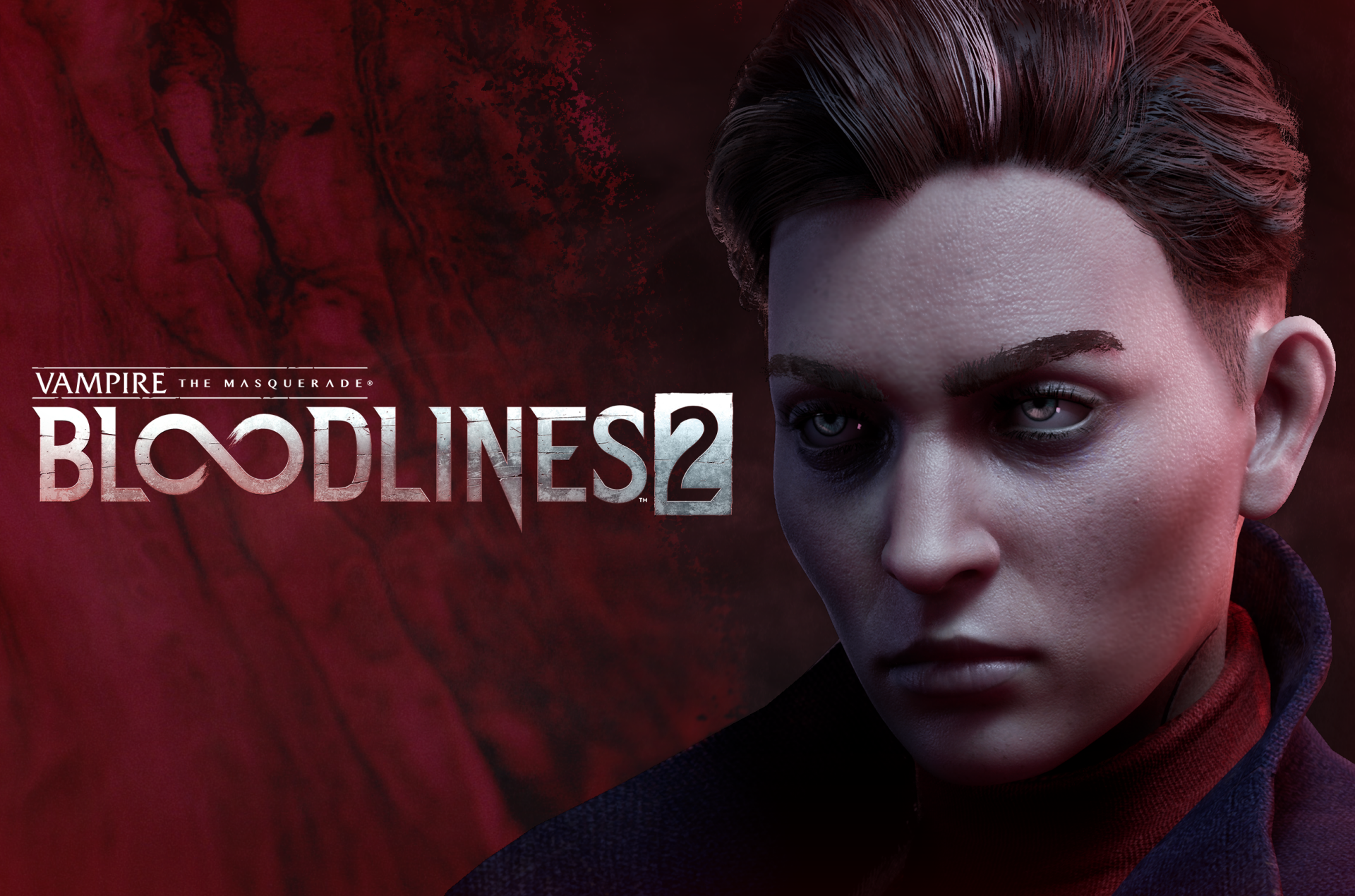 HD wallpaper featuring a character from Vampire: The Masquerade - Bloodlines 2 with the game's logo on a dark red background.