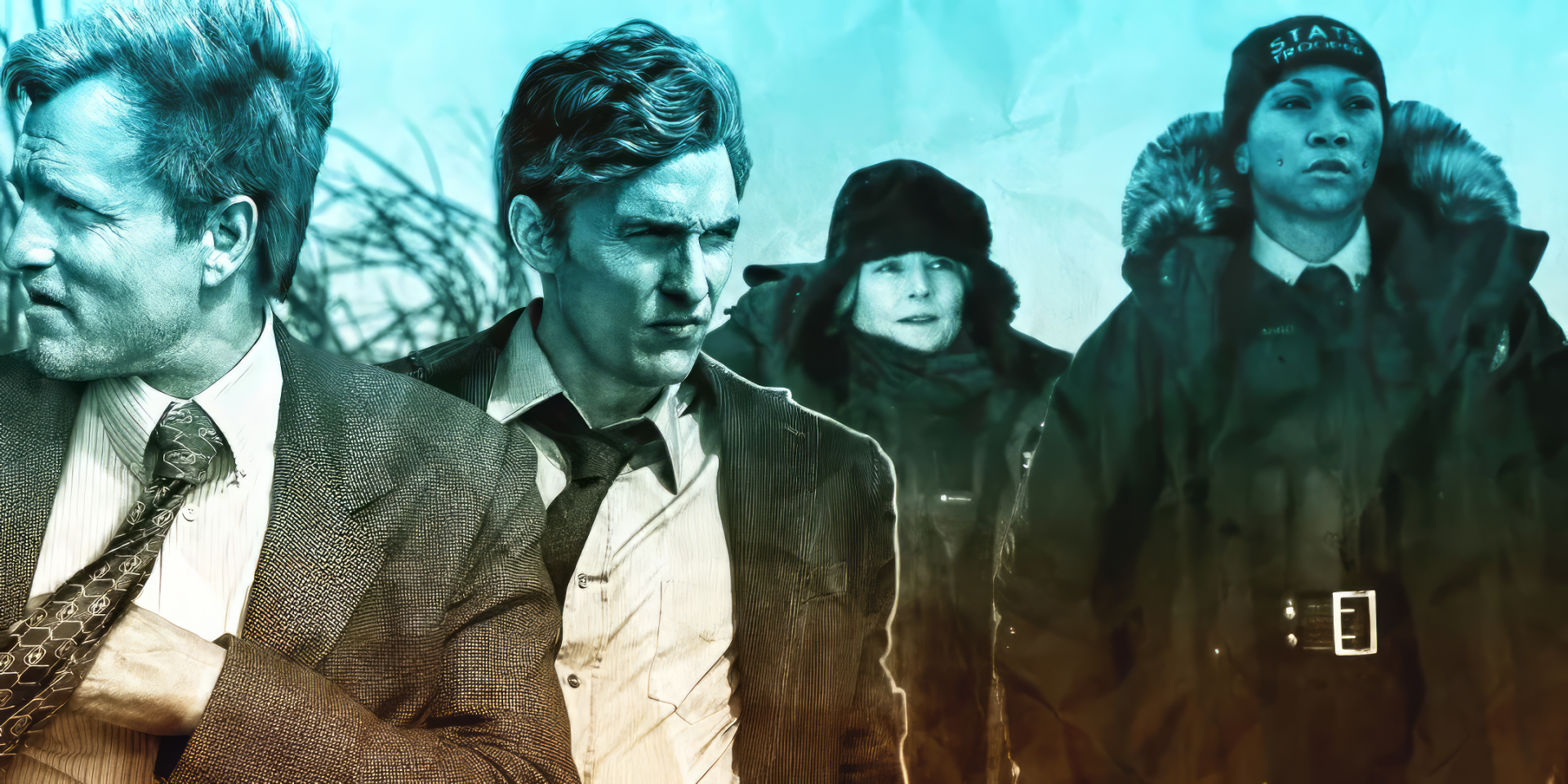 HD wallpaper featuring artistic montage of characters from the TV show True Detective for desktop background.