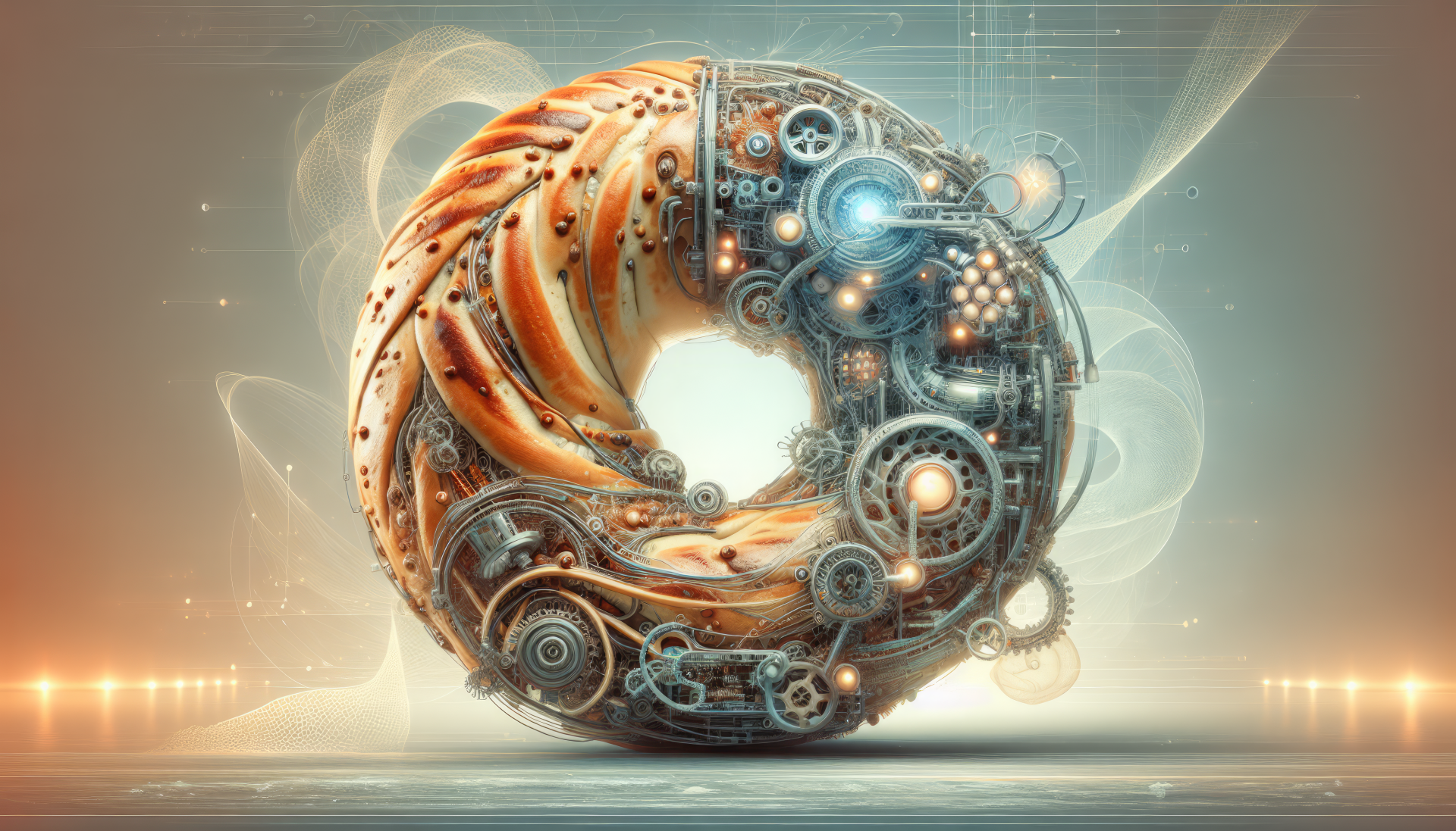 HD wallpaper featuring a futuristic steampunk bagel with intricate mechanical details on a soft glowing background.
