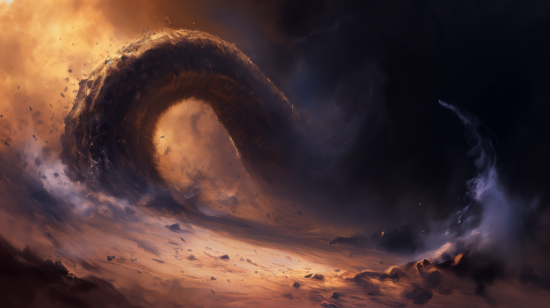 A dramatic sandworm emerges from swirling sands, set against a vivid backdrop of golden and dark hues, creating a stunning HD desktop wallpaper.
