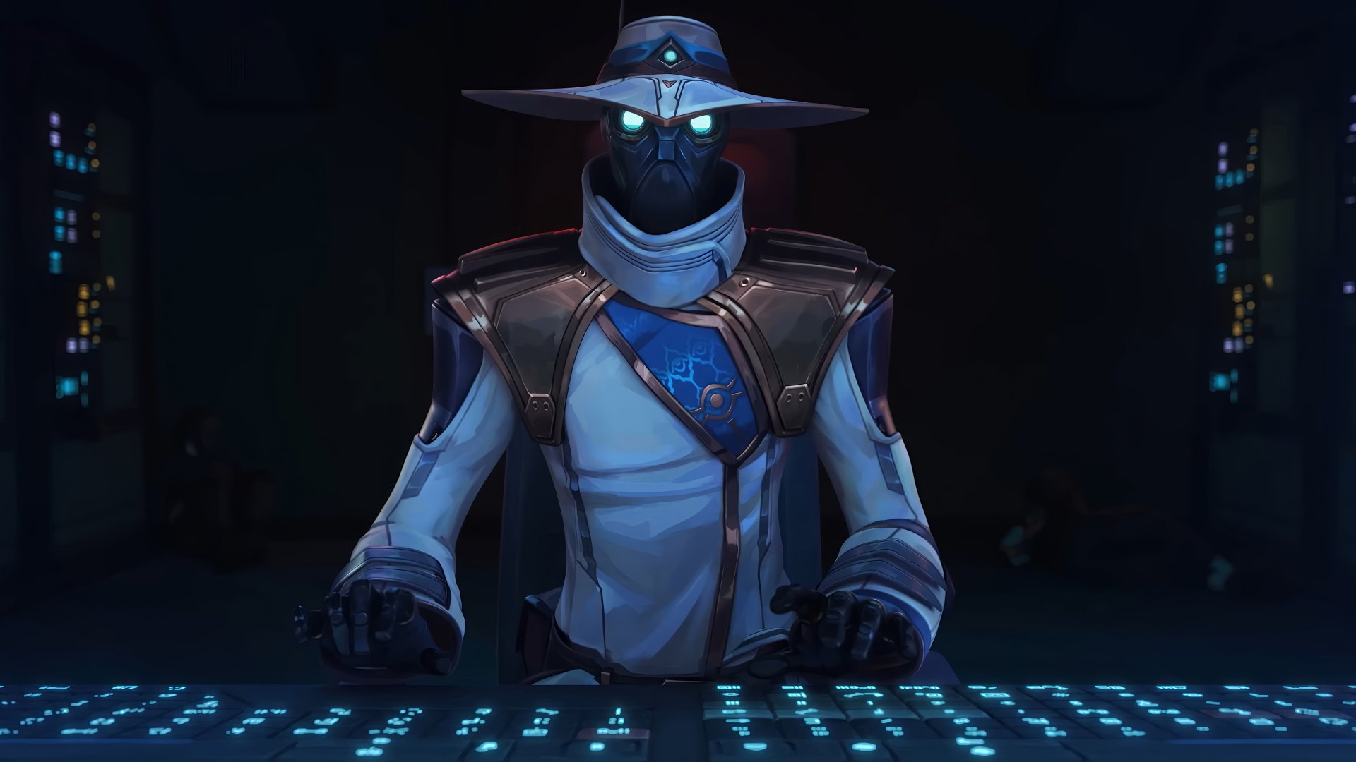 HD wallpaper featuring Omen, a character from the video game Valorant, standing with an enigmatic aura in a dimly lit room.