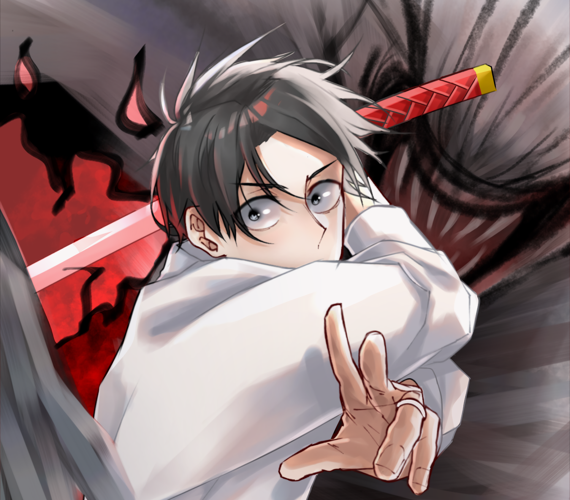 HD anime desktop wallpaper of Yuta Okkotsu (Jujutsu Kaisen 0) — intense gaze, white shirt, red katana over shoulder against a dark, blood-red background.
