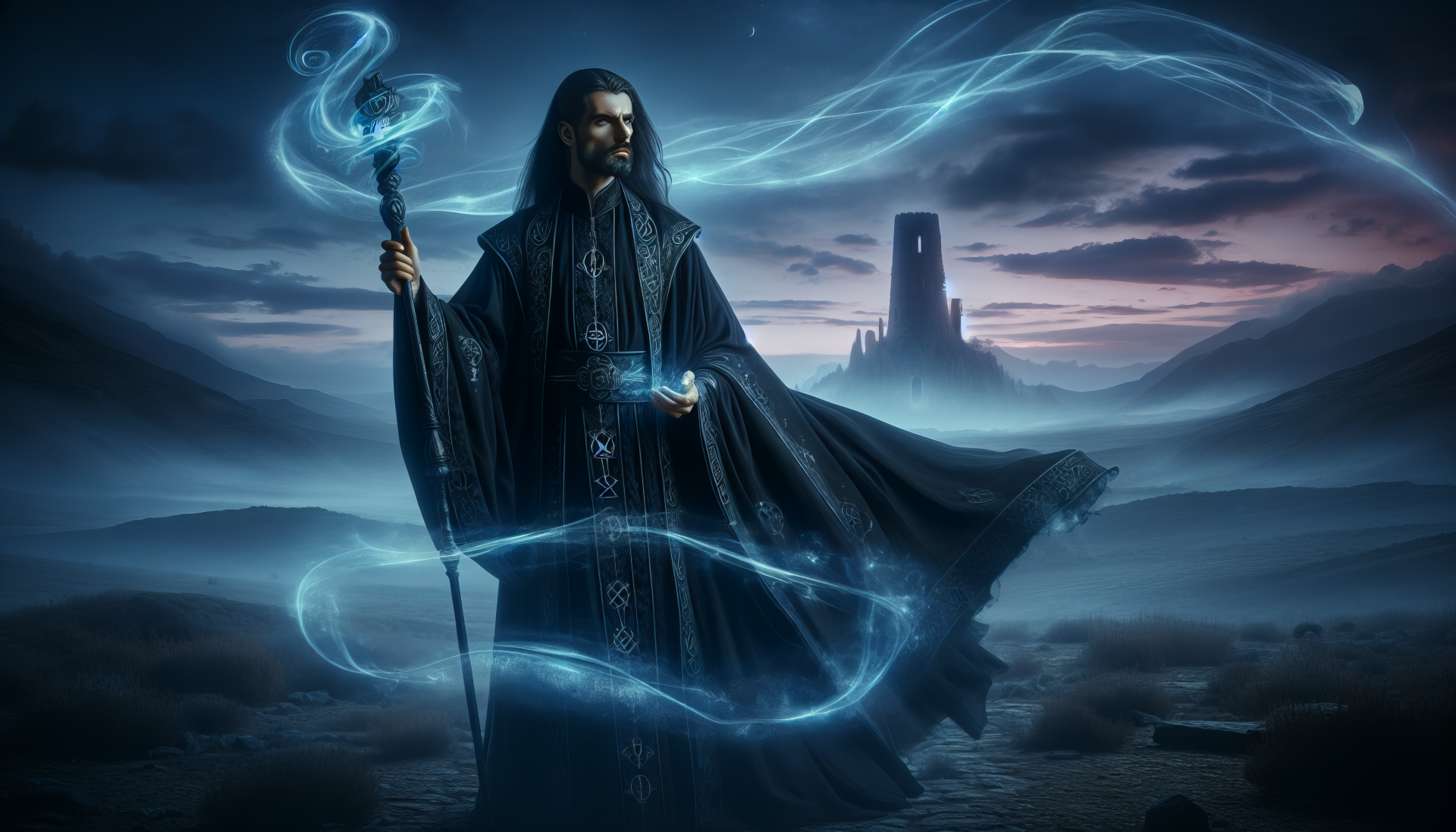 HD fantasy wallpaper featuring a mystical warlock wielding magical energy in a dark, eerie landscape with a distant tower silhouette.