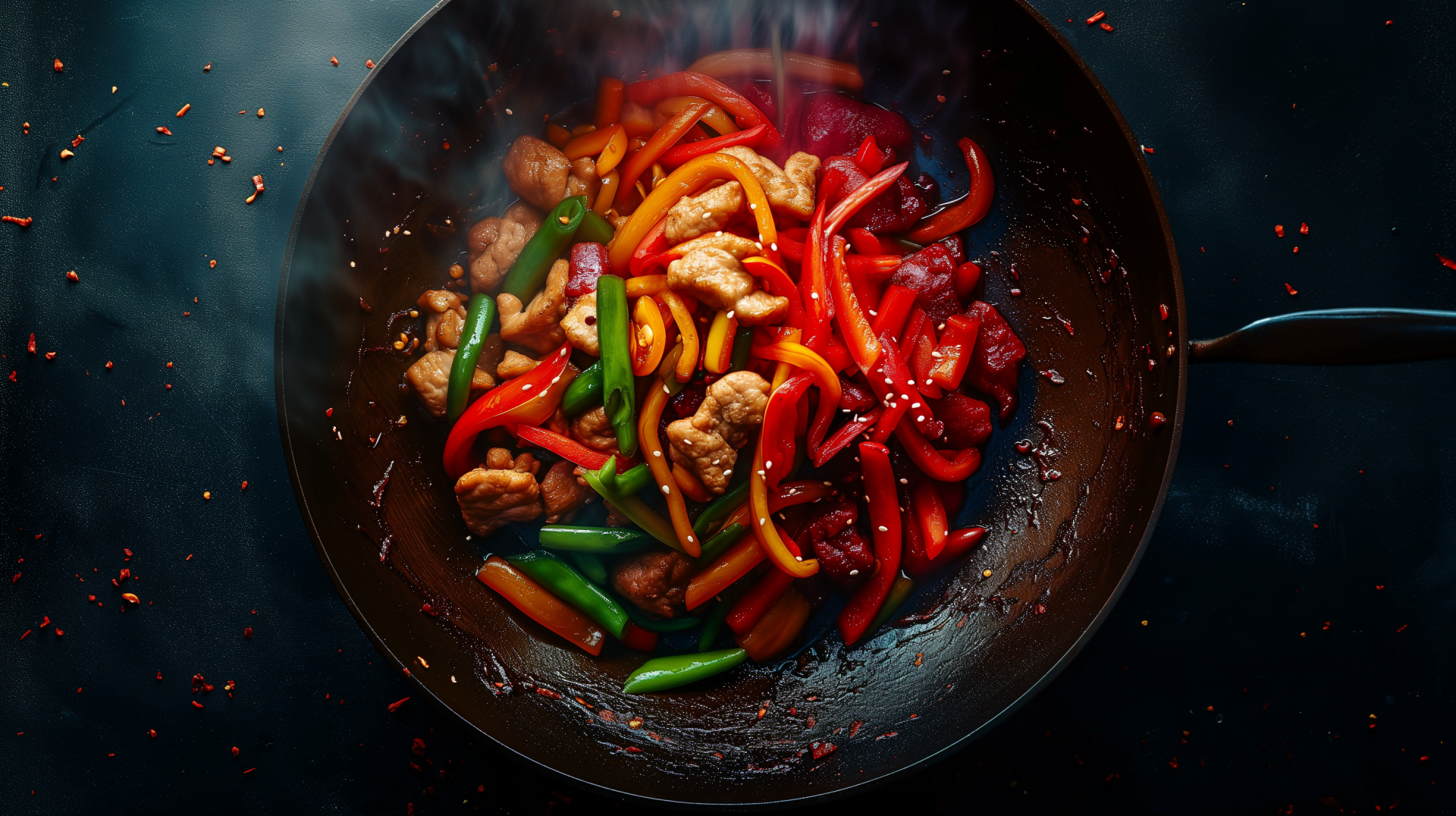 A vibrant stir-fry featuring colorful bell peppers and chicken, captured in HD. The smoky, dynamic scene makes an enticing desktop wallpaper and background.