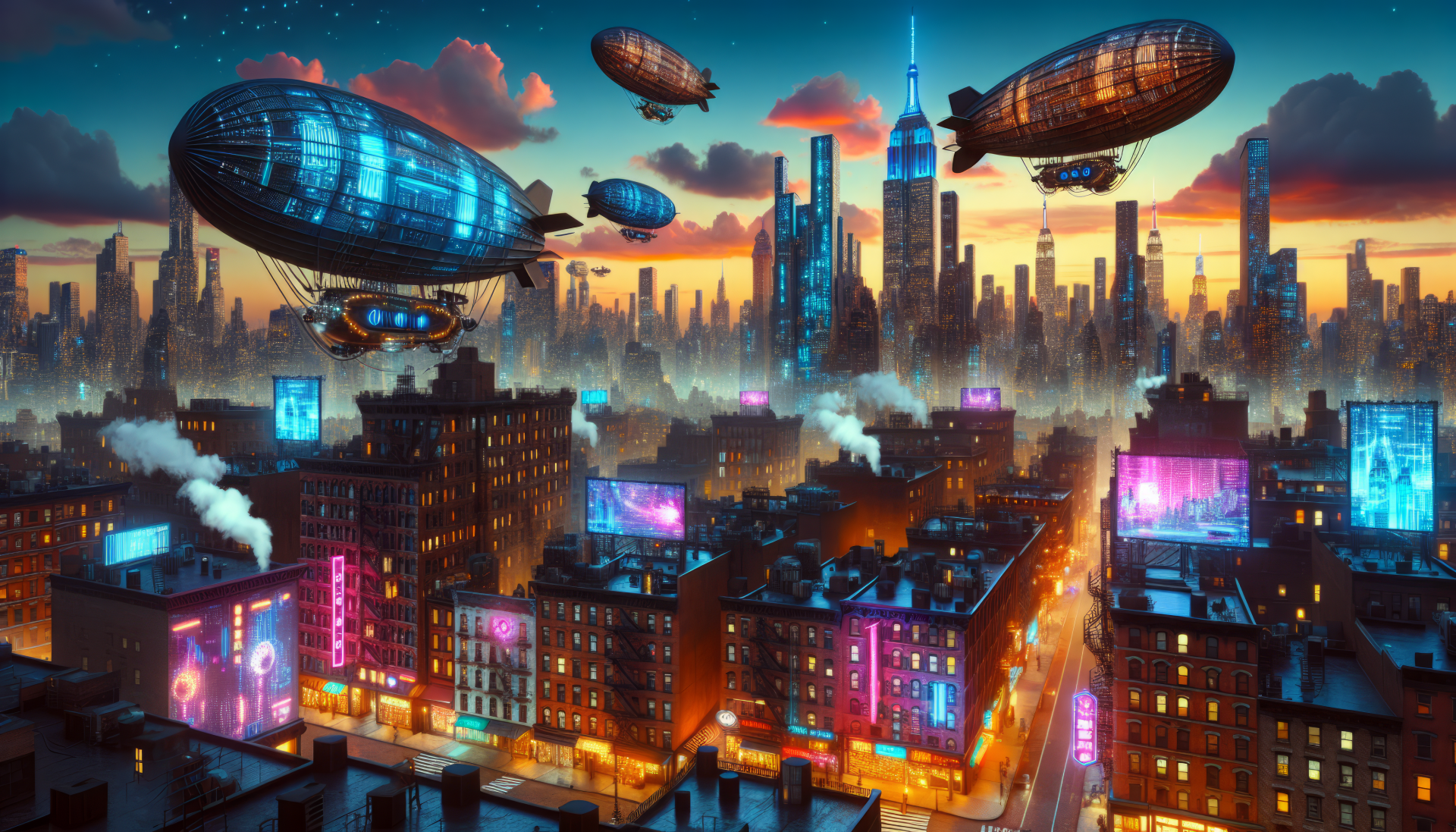 Futuristic city skyline with airships at sunset HD wallpaper and desktop background.