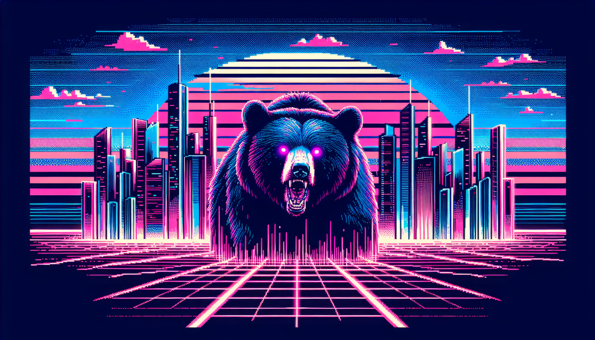 HD desktop wallpaper featuring a stylized black bear with glowing eyes against a retro-futuristic cityscape and geometric shapes in a neon color palette.