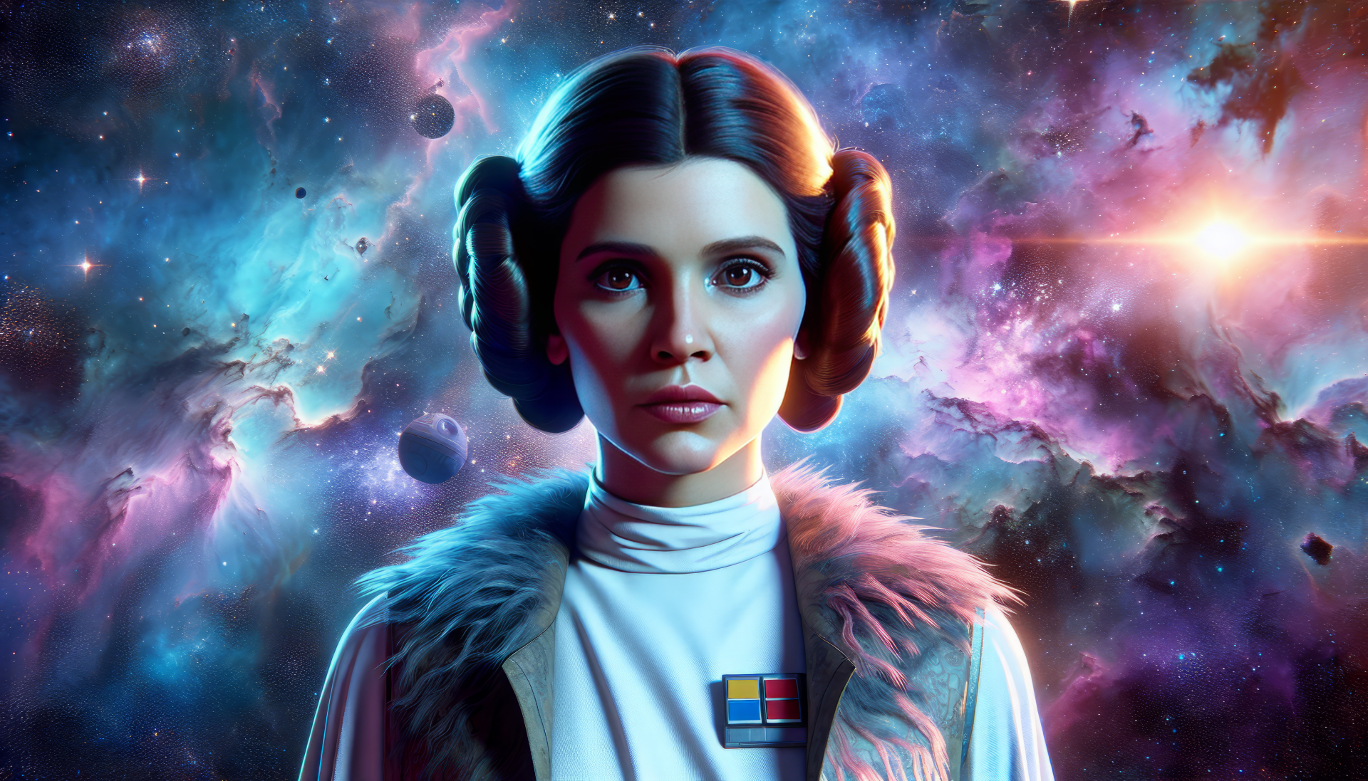 HD wallpaper featuring Princess Leia Organa against a vibrant cosmic background, showcasing her iconic hairstyle and attire. A striking blend of science fiction and artistry.