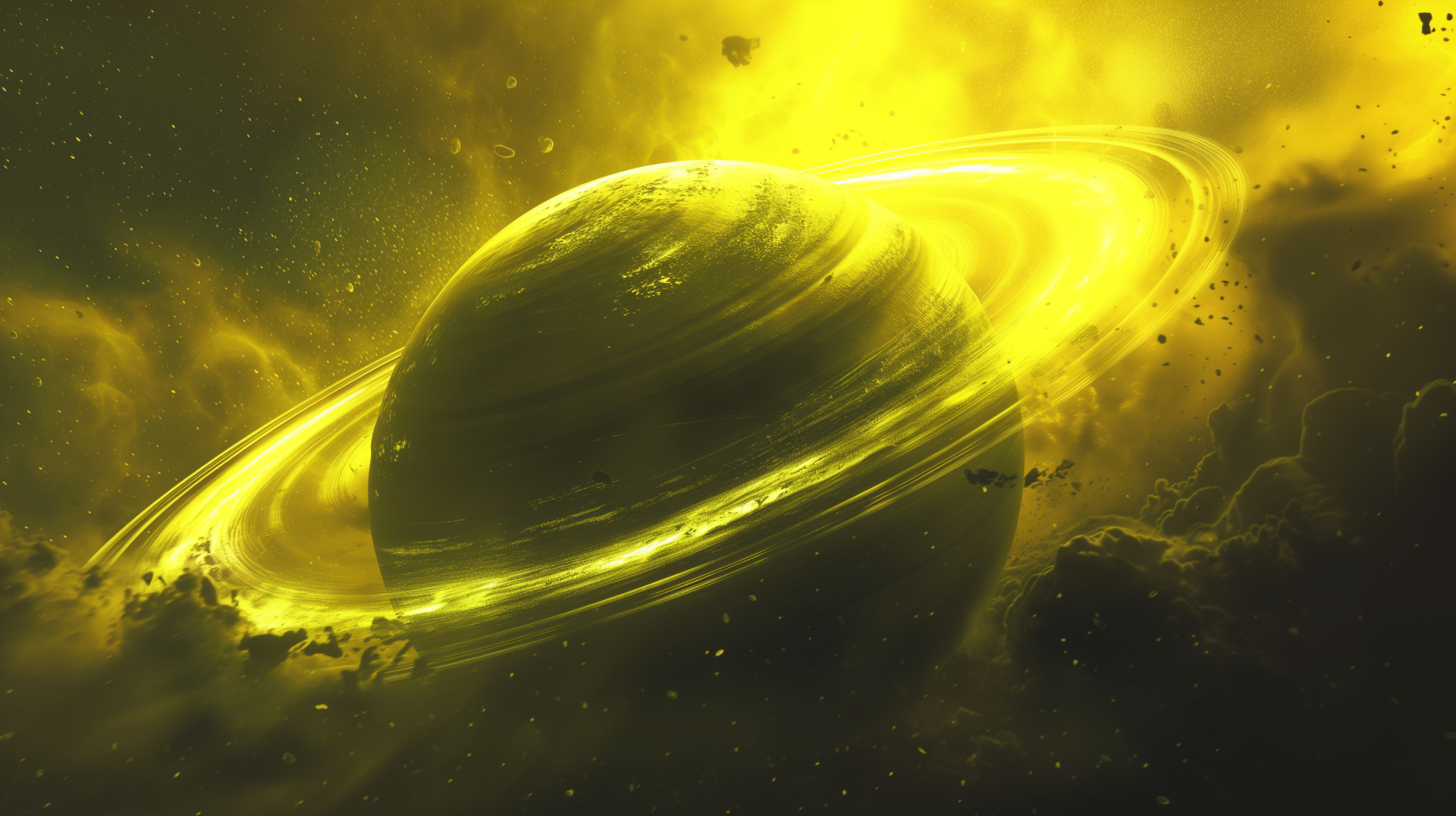 A stunning HD wallpaper of a yellow gas giant planet surrounded by glowing rings and cosmic clouds, embracing a captivating sci-fi atmosphere.