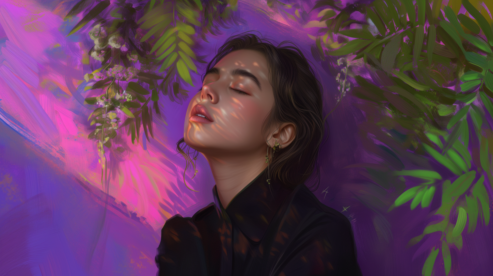 HD desktop wallpaper featuring a digital illustration of a sad lofi girl with eyes closed amid vibrant foliage, expressing a serene, contemplative mood.