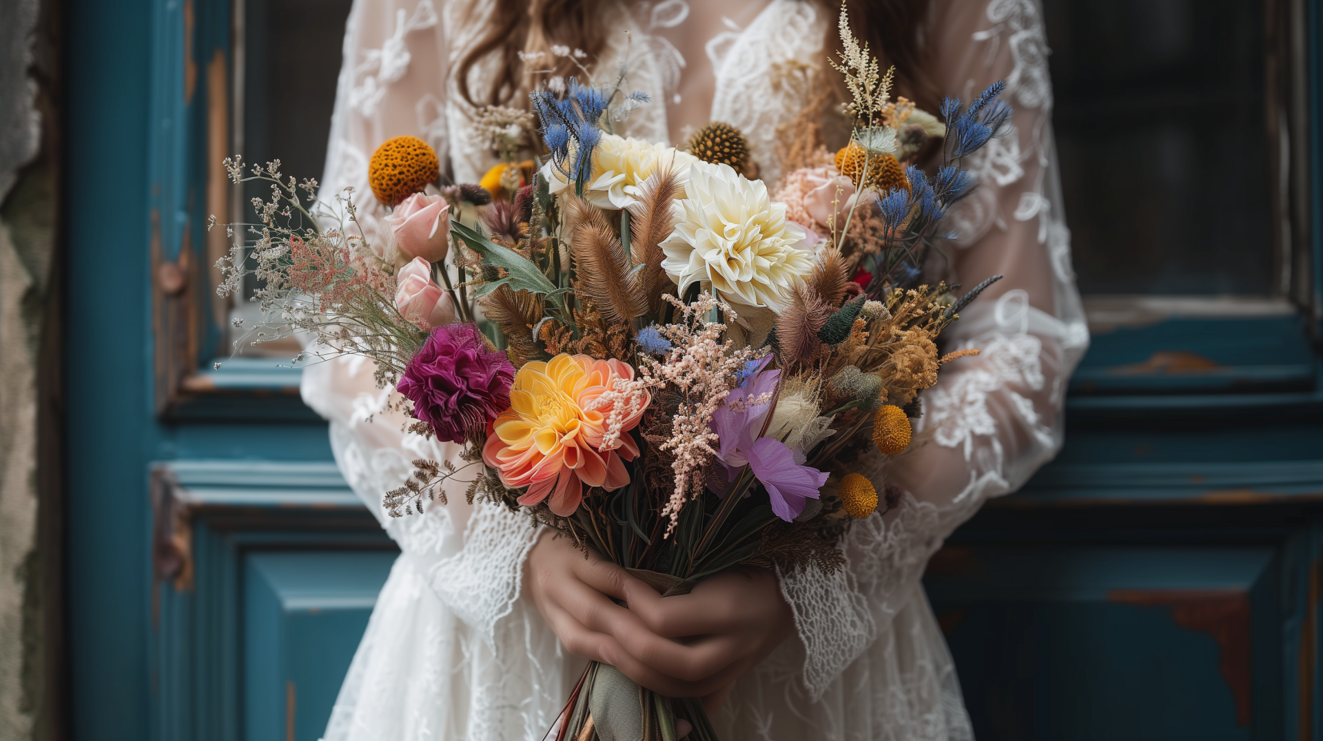 HD desktop wallpaper featuring a person holding a vibrant wedding bouquet against a blue door background.