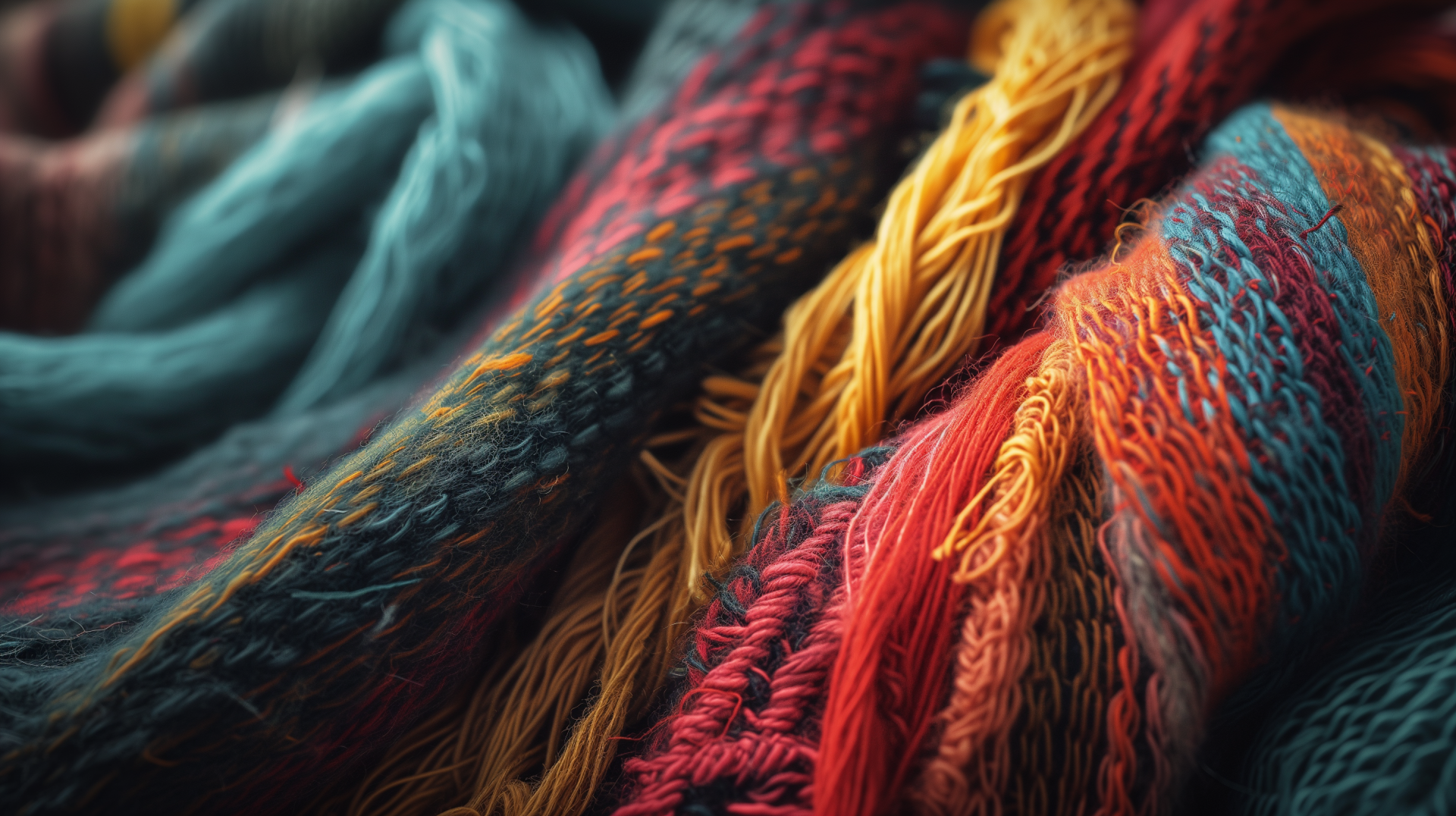 A close-up view of vibrant, textured fabric showcasing rich colors like red, orange, and teal, making it an engaging HD desktop wallpaper and background.