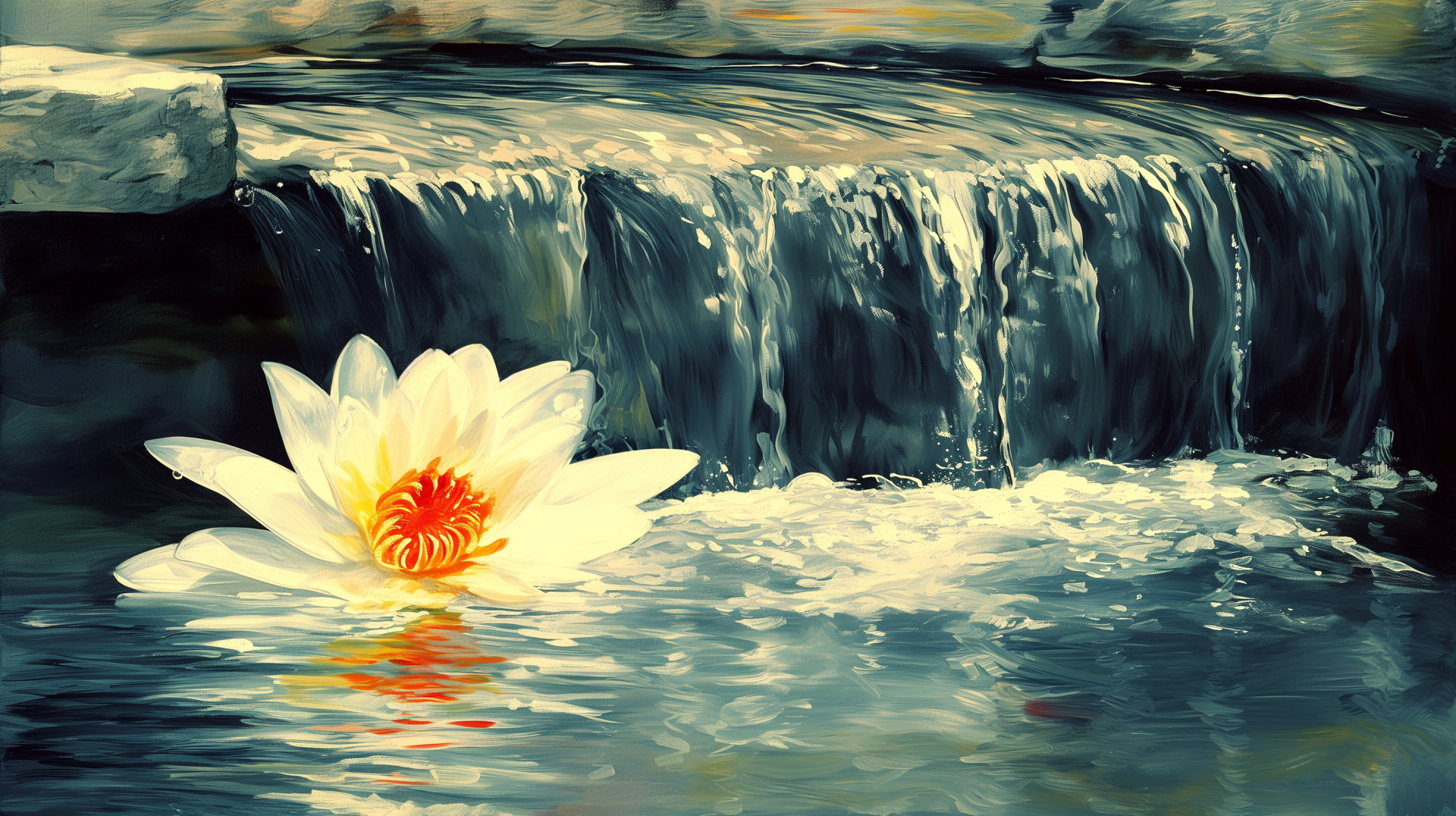 A serene HD wallpaper featuring a gentle waterfall cascading over rocks, with a vibrant white flower floating peacefully on the water's surface.