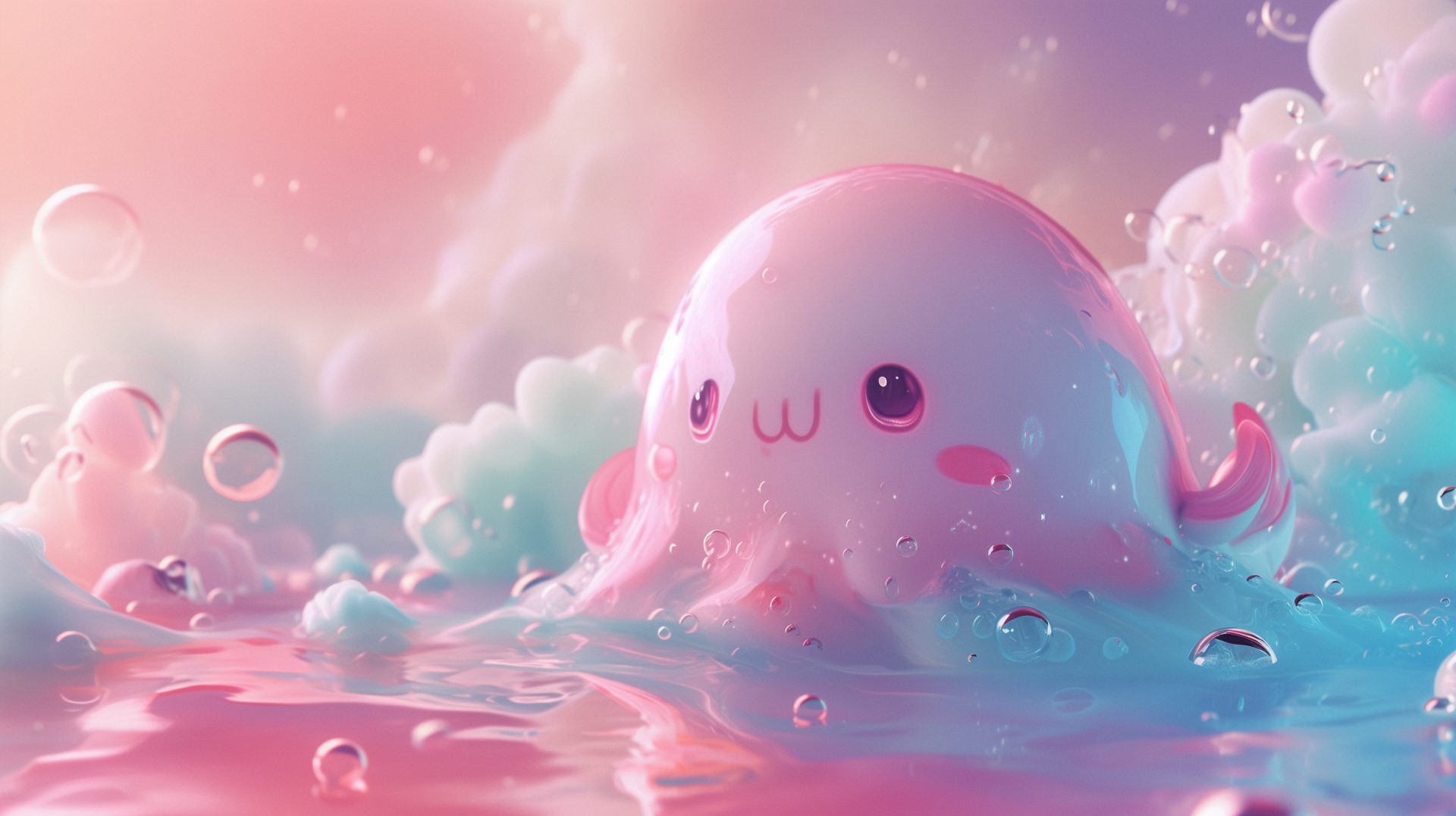 A cute kawaii octopus, with a blushing face, floats in colorful, bubbly water surrounded by dreamy pastel clouds. This HD wallpaper adds a whimsical touch to any background.