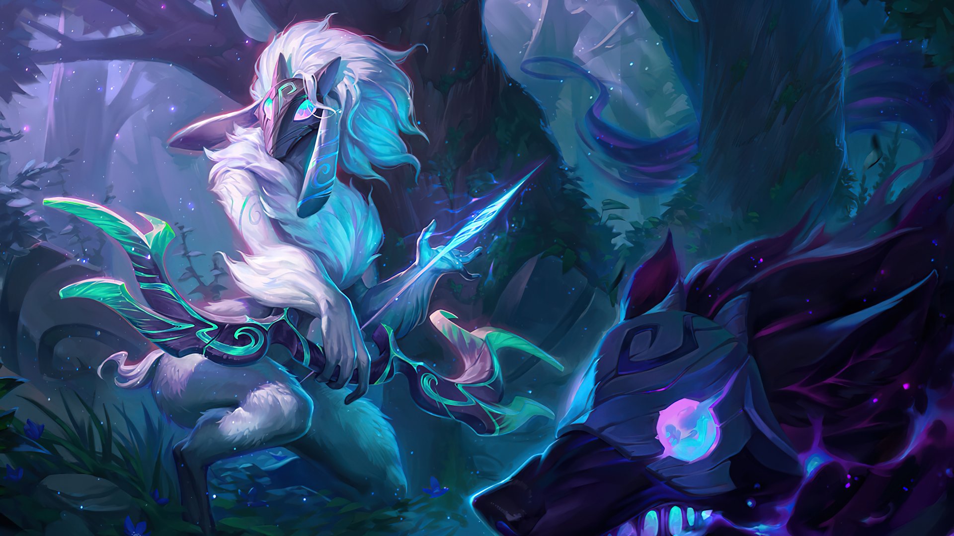 A stunning HD wallpaper featuring Kindred from League of Legends, showcasing the character in a mystical forest with vibrant colors and dynamic details.