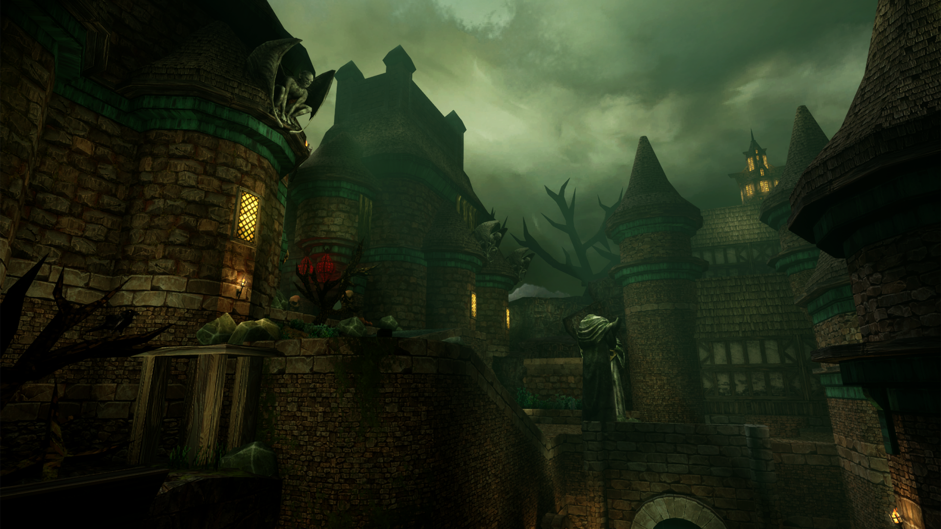 HD wallpaper of a mysterious medieval castle at dusk from the video game Graven, showcasing atmospheric lighting and gothic architecture.