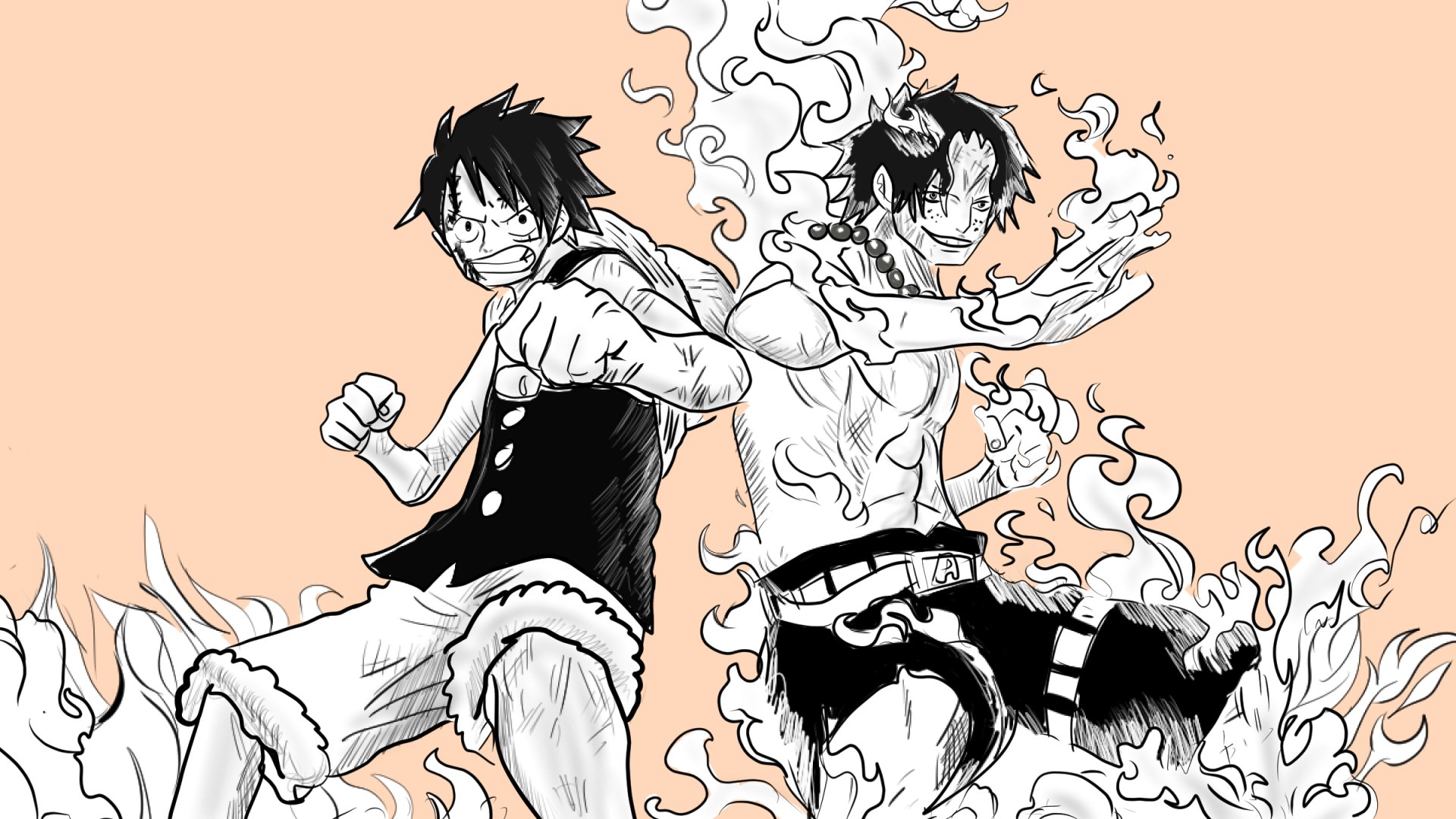 This HD desktop wallpaper features black-and-white artwork of two characters from One Piece, both surrounded by swirling flames.