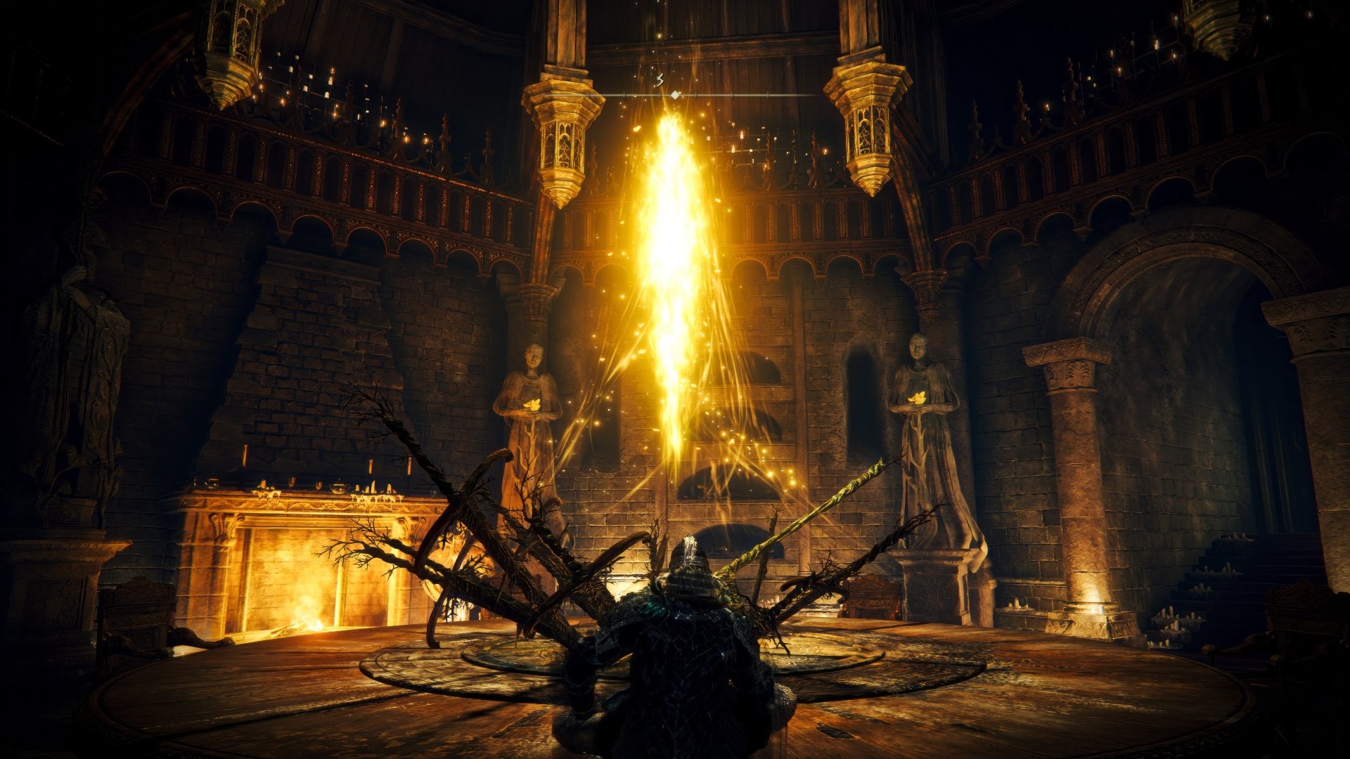 4K Ultra HD Elden Ring PC wallpaper featuring a dark, ornate hall illuminated by a bright, vertical flame with statues and a character kneeling in the foreground.