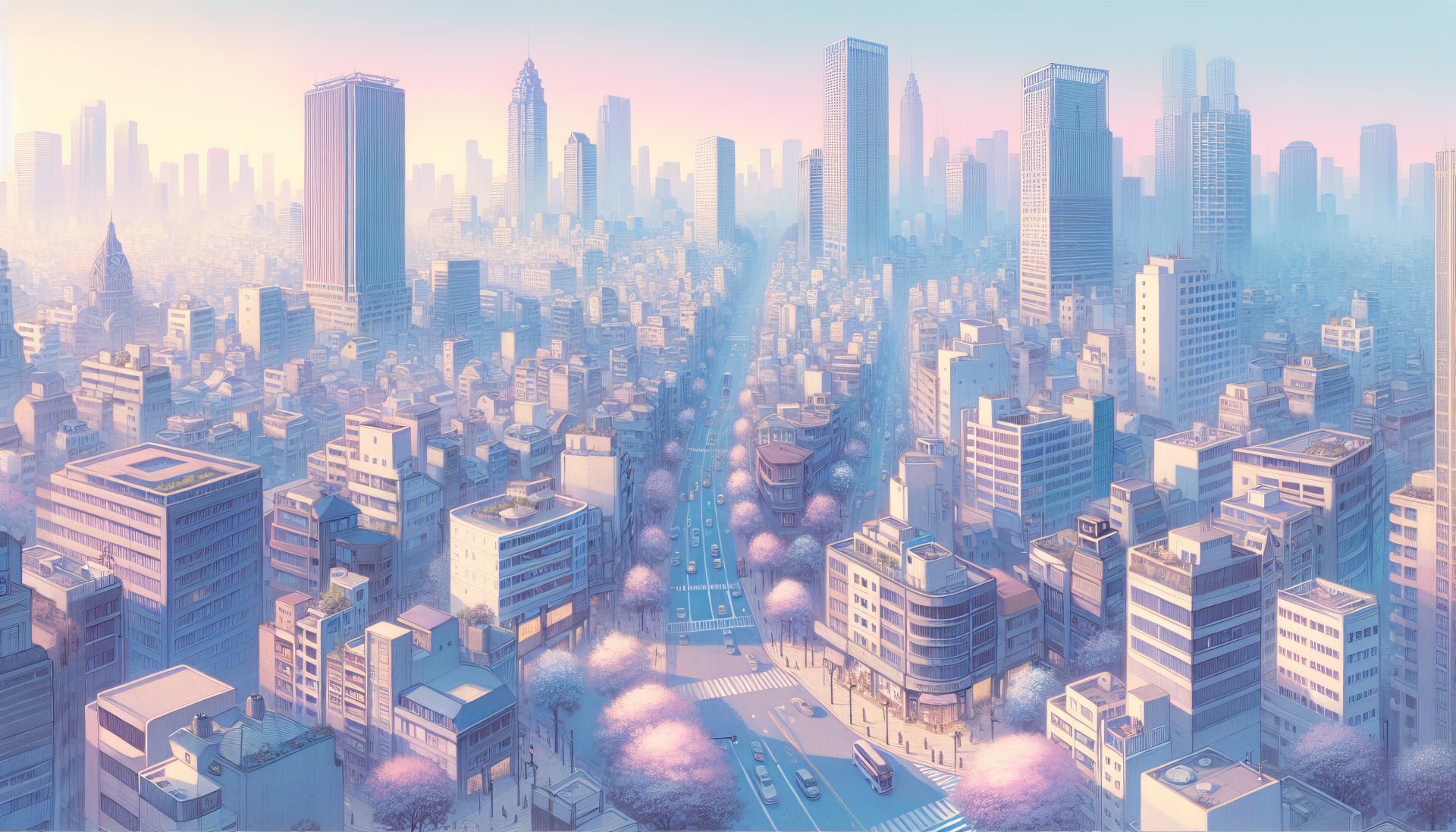 HD wallpaper of a stylized downtown cityscape with pastel colors for desktop background.