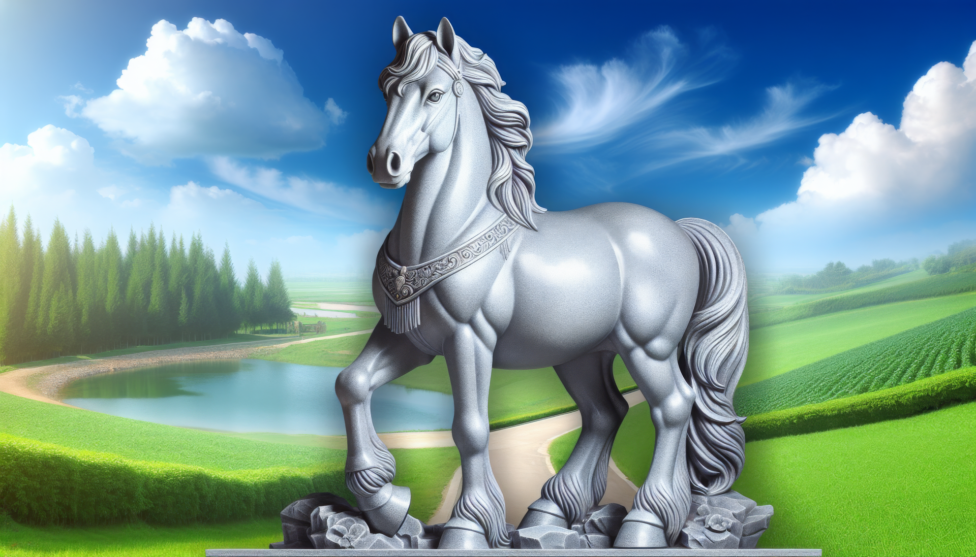 HD desktop wallpaper featuring a majestic mare statue set against a picturesque countryside background.