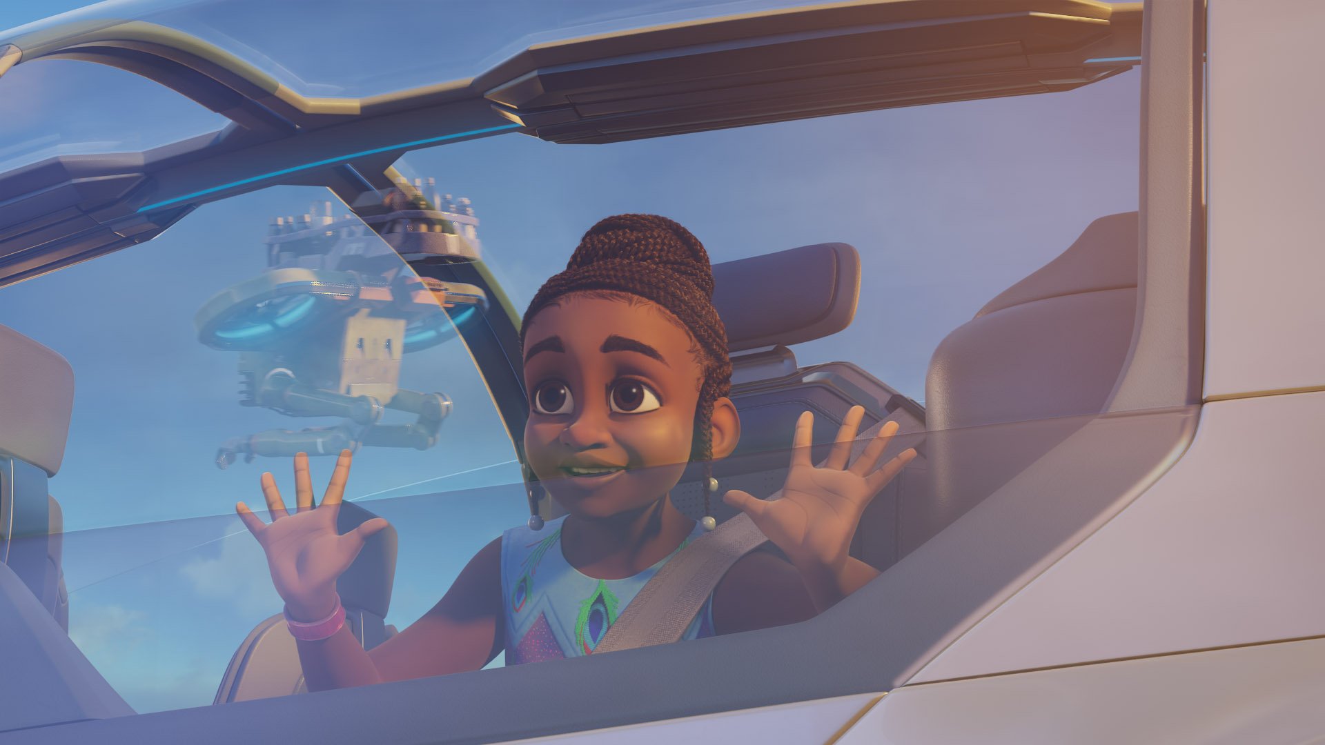 Animated character from Iwájú TV show excitedly looking out of a futuristic vehicle with a cityscape in the background - HD wallpaper.