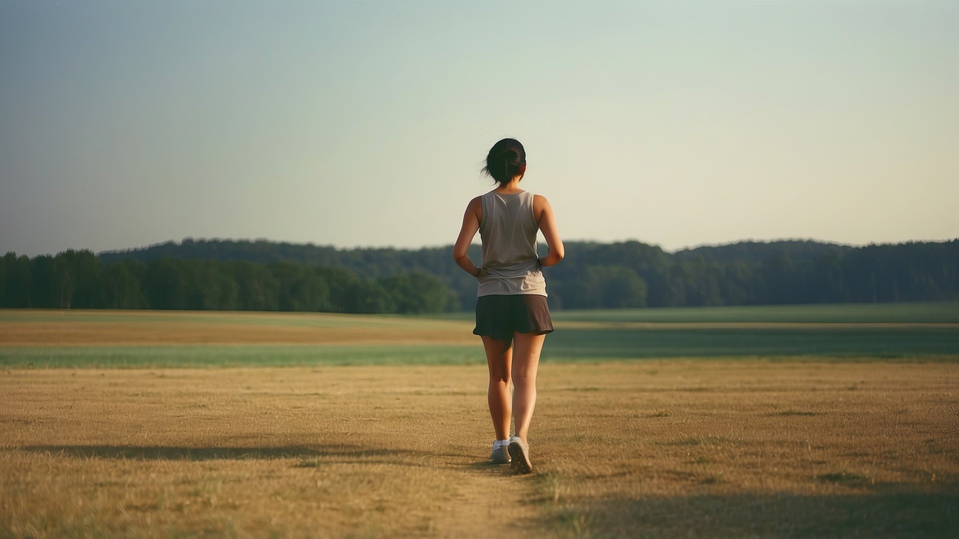 Woman jogging in an open field during sunset - exercise HD desktop wallpaper and background.