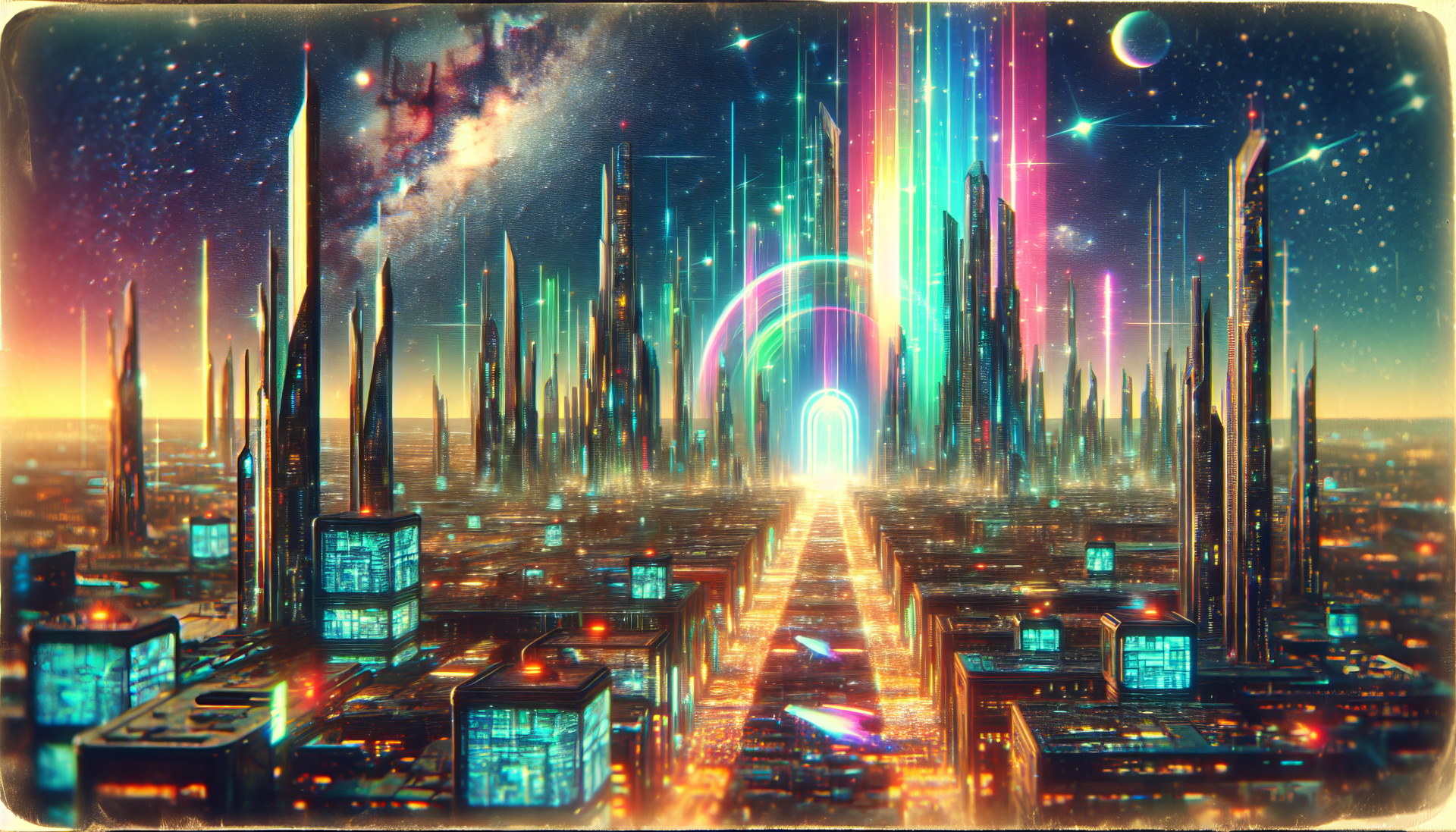 HD desktop wallpaper featuring a vibrant sci-fi city with glowing skyscrapers and cosmic backdrop.