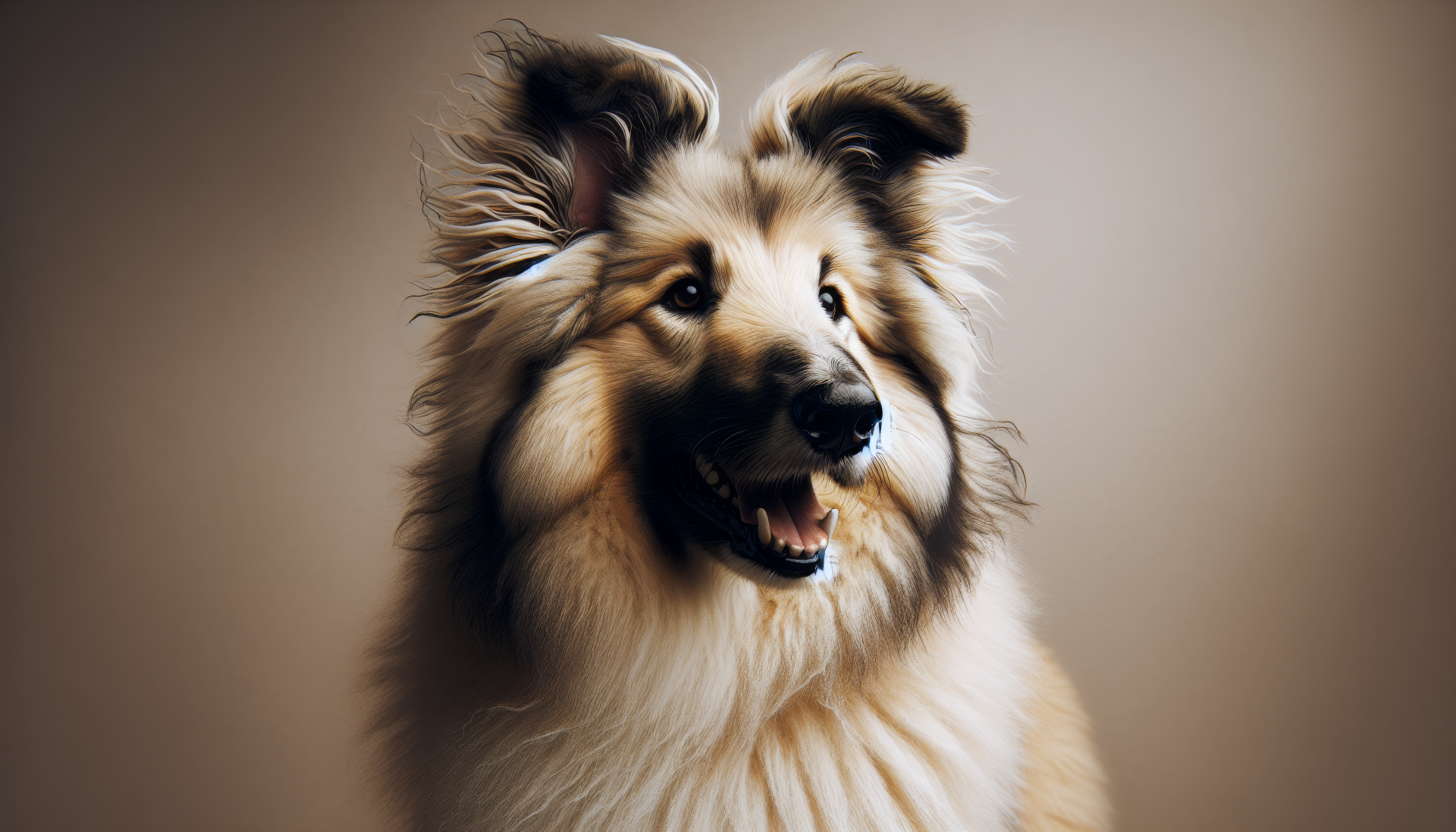 A close-up of a cheerful sheepdog with fluffy fur and a bright expression, set against a soft background, creating an engaging HD desktop wallpaper.
