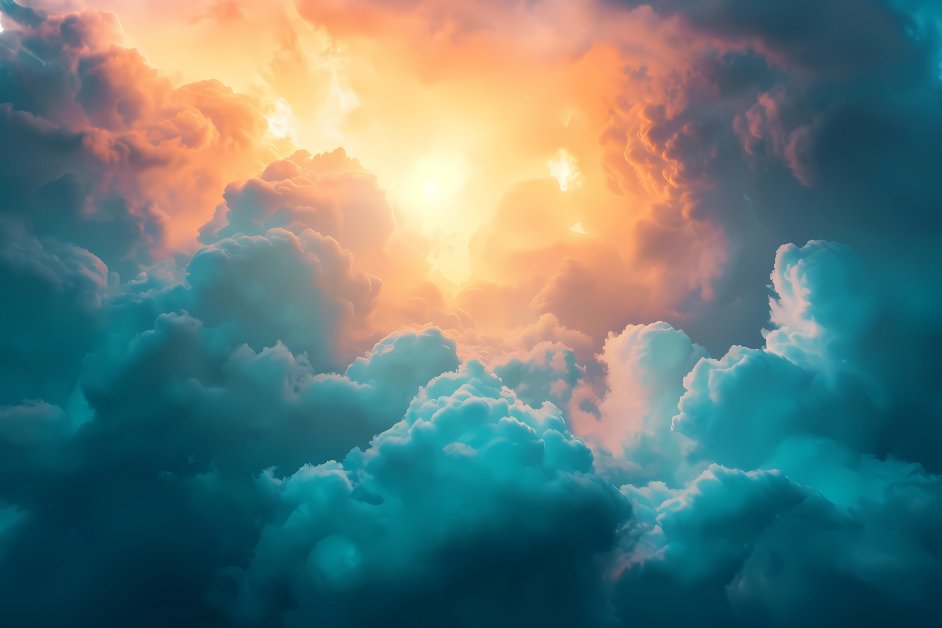 Vibrant AI-generated 4K Ultra HD desktop wallpaper depicting a glowing sun emerging through dramatic, colorful clouds.