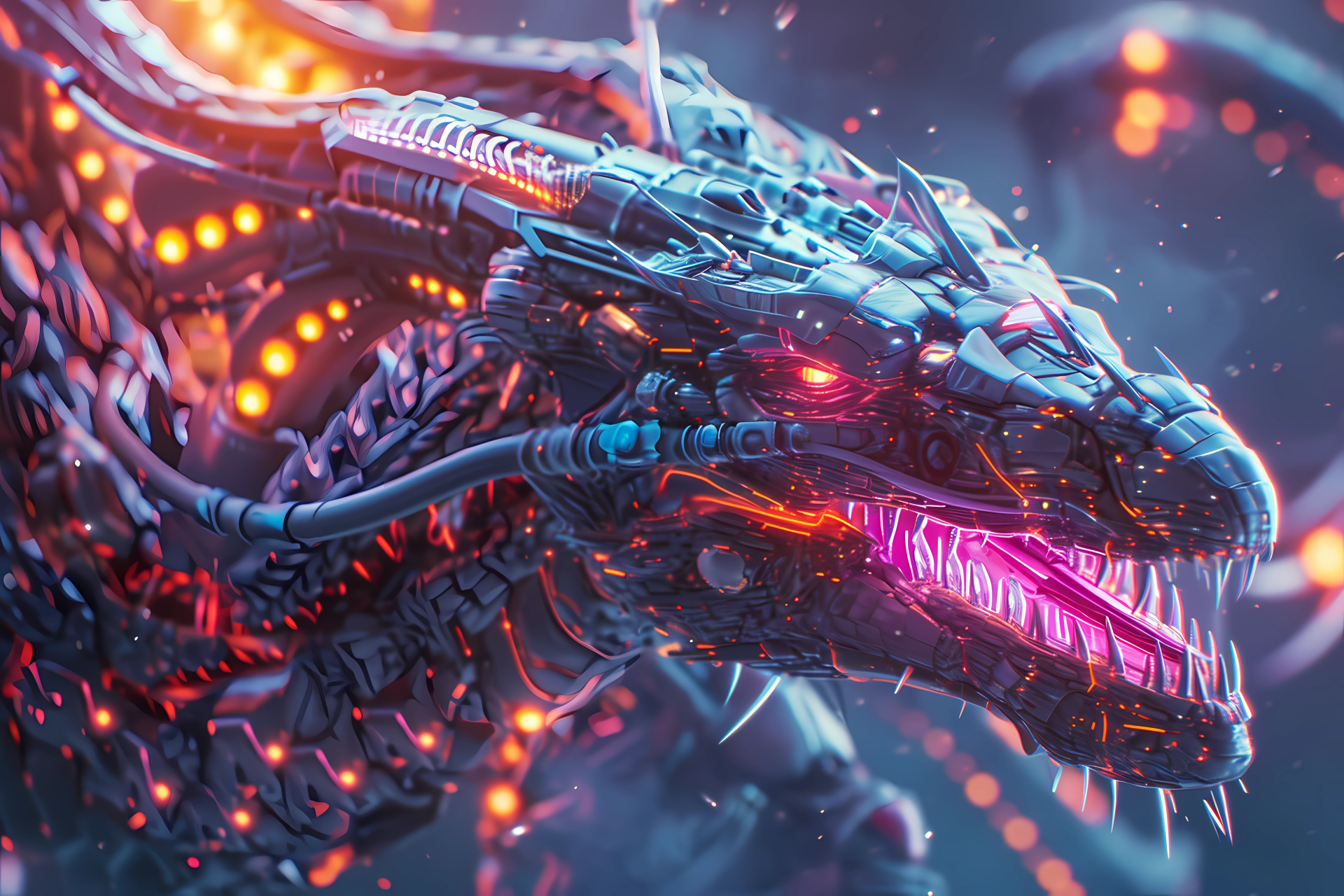 A detailed 4K Ultra HD AI art wallpaper depicting a sci-fi dragon with glowing red eyes and neon-lit mechanical features against a fiery background.