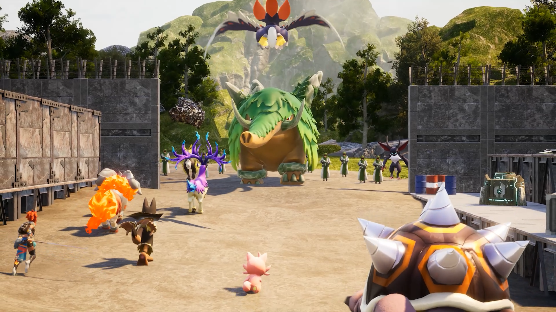 A vibrant HD desktop wallpaper from the video game Palworld, featuring a diverse array of creatures and characters in an outdoor setting with lush greenery and a mountainous backdrop.