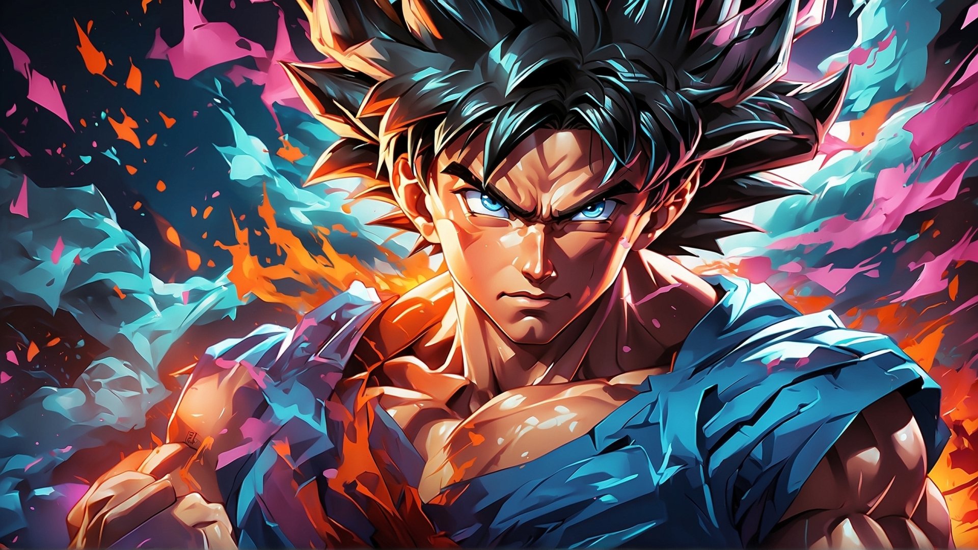 HD PC desktop wallpaper of Goku in Ultra Instinct form from Dragon Ball, featuring vibrant colors and intense energy effects.