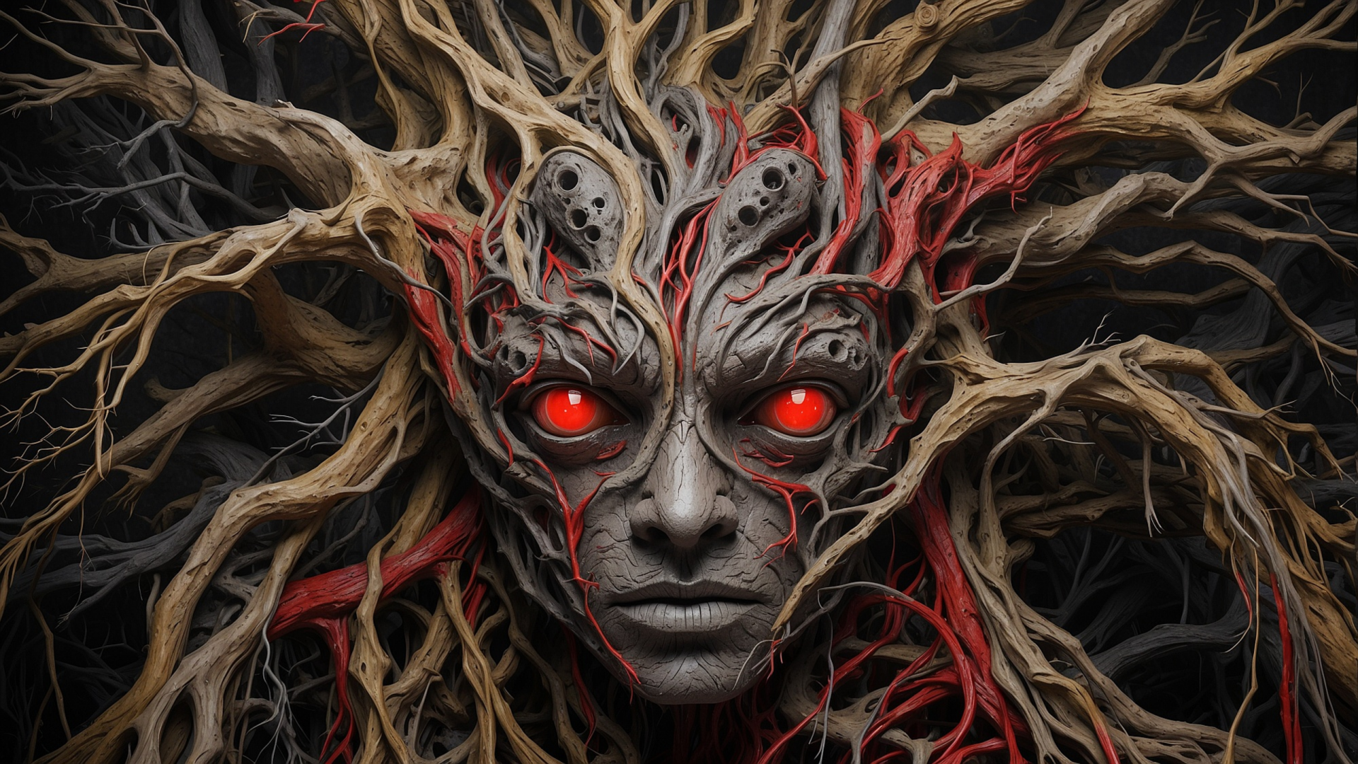Tree-monster face with glowing red eyes and tangled roots like hair, blood-red veins weaving through a dark forest — 2K Quad HD PC desktop wallpaper/background.
