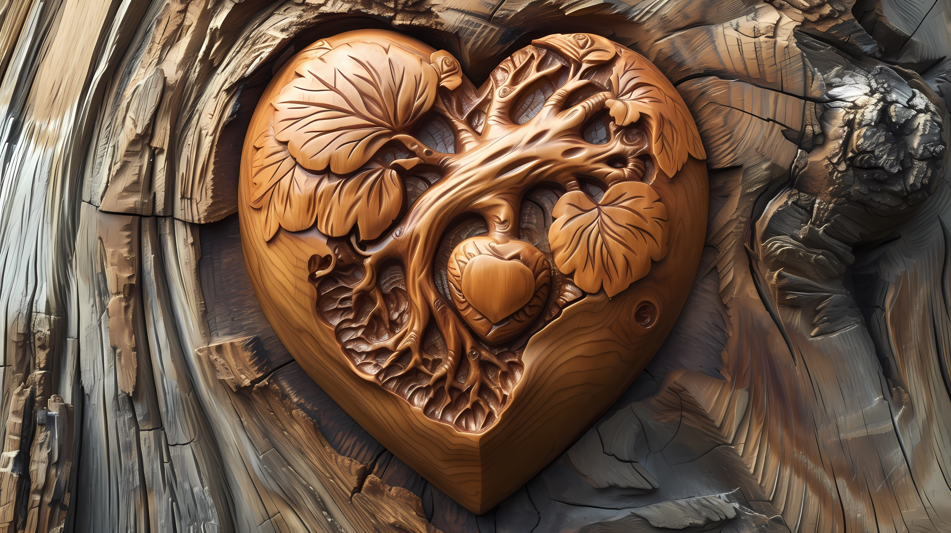 HD wallpaper featuring an intricate wood carving of a heart with detailed foliage designs, set against a textured wooden background.