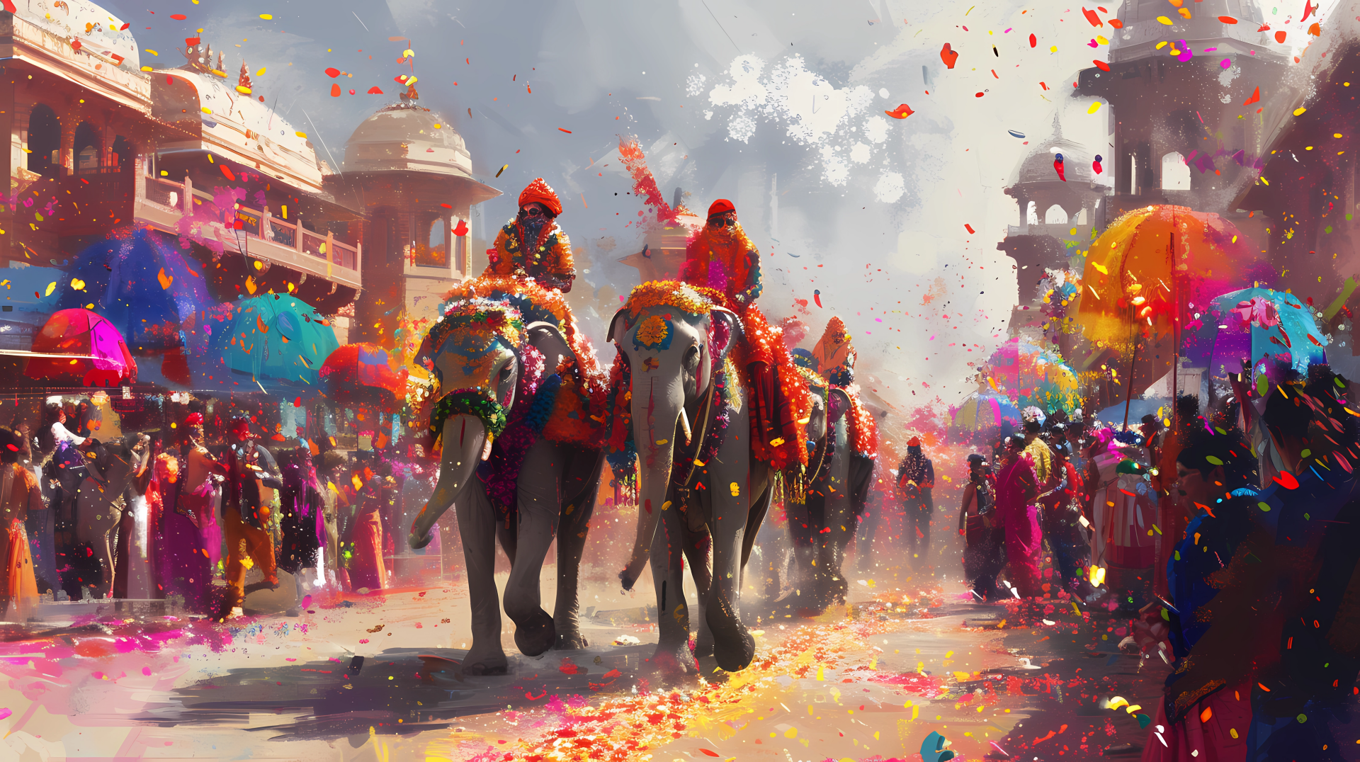 Vibrant and colorful Oriental elephant parade HD wallpaper featuring decorated elephants and revelers in a festive atmosphere with vivid hues and dynamic confetti effects.