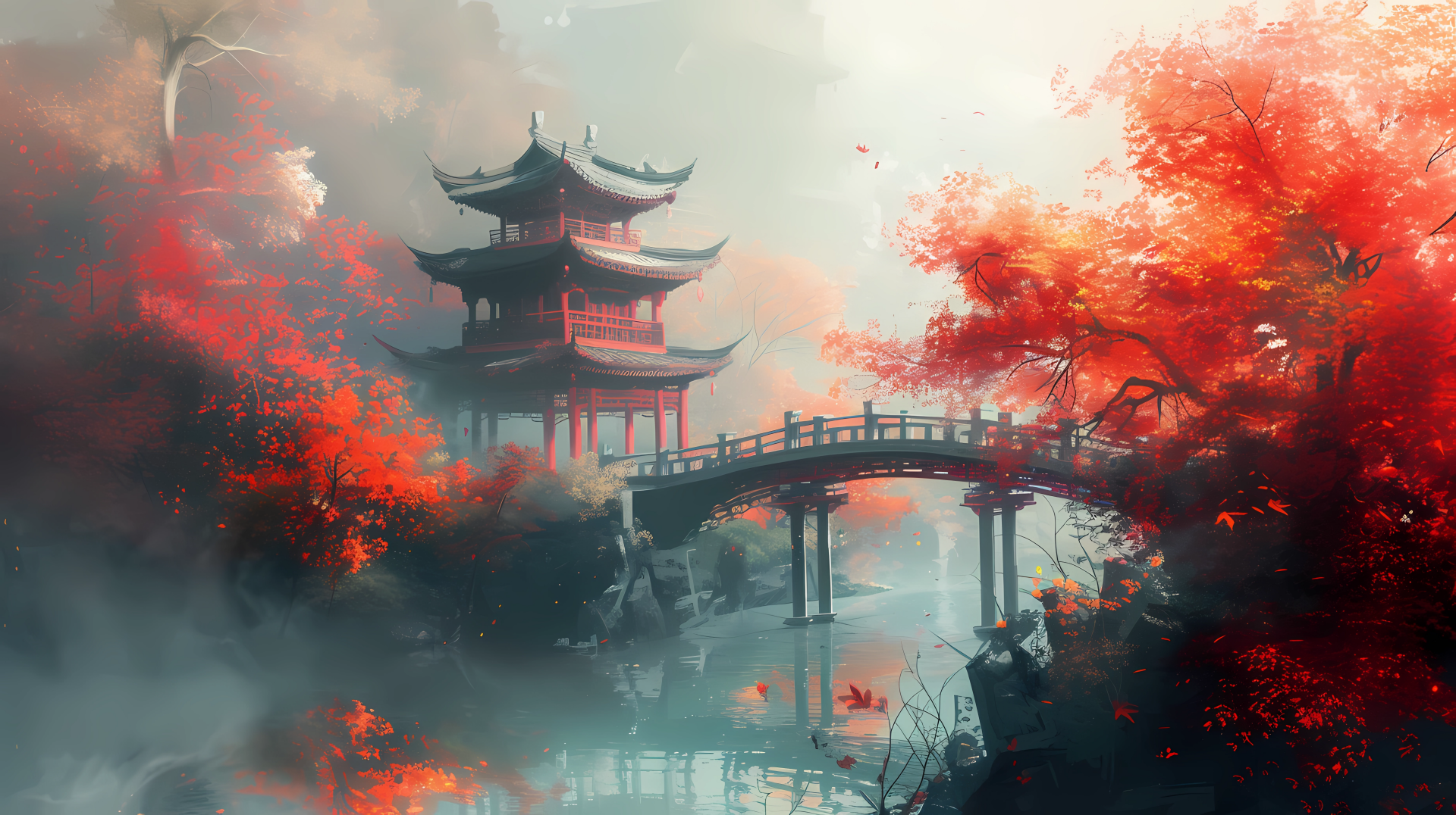 HD wallpaper featuring a serene misty autumn scene in Japan with vibrant red leaves, a traditional pagoda, and an arched bridge over a calm river.