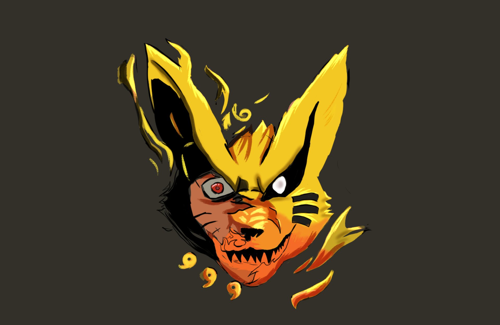 HD PC desktop wallpaper featuring a bold, stylized close-up of Naruto's face merging with the Nine-Tails fox in vibrant yellow and orange hues.