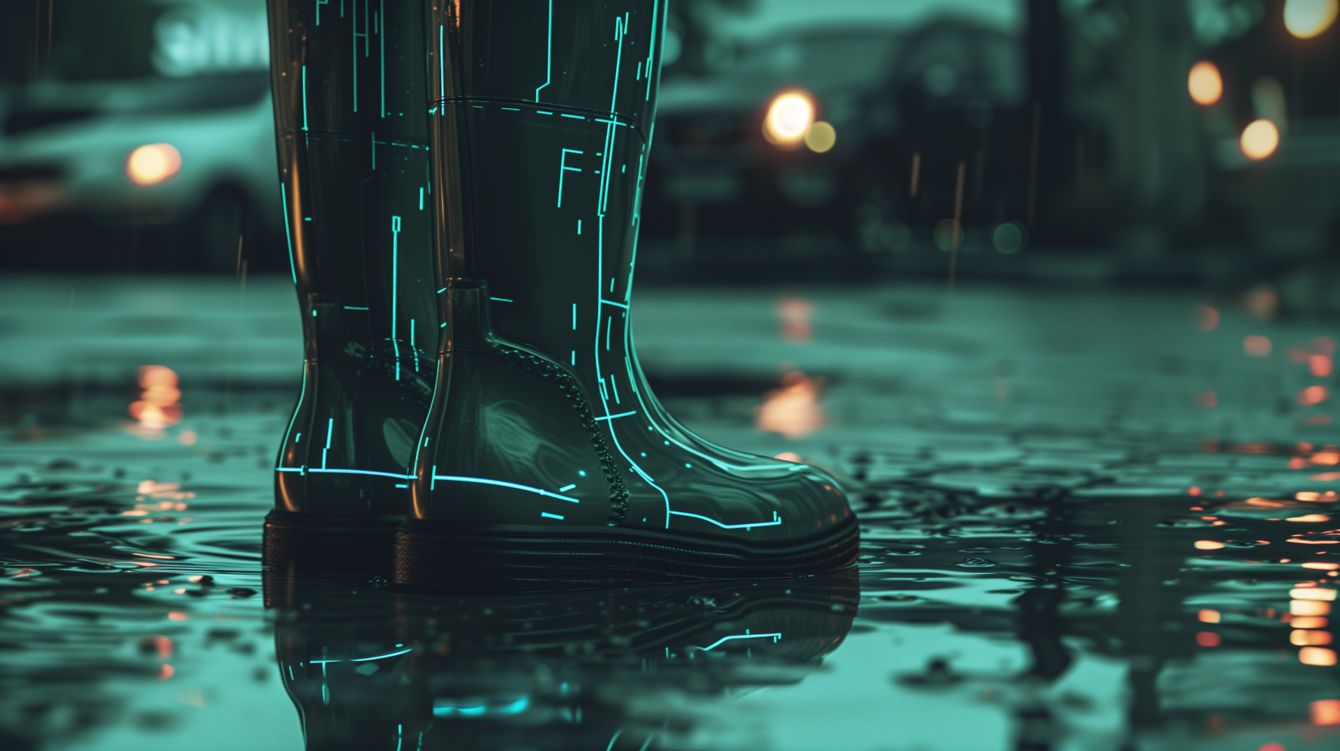 HD desktop background featuring a close-up of rain boots standing in a puddle with raindrops, in a moody, cinematic setting.
