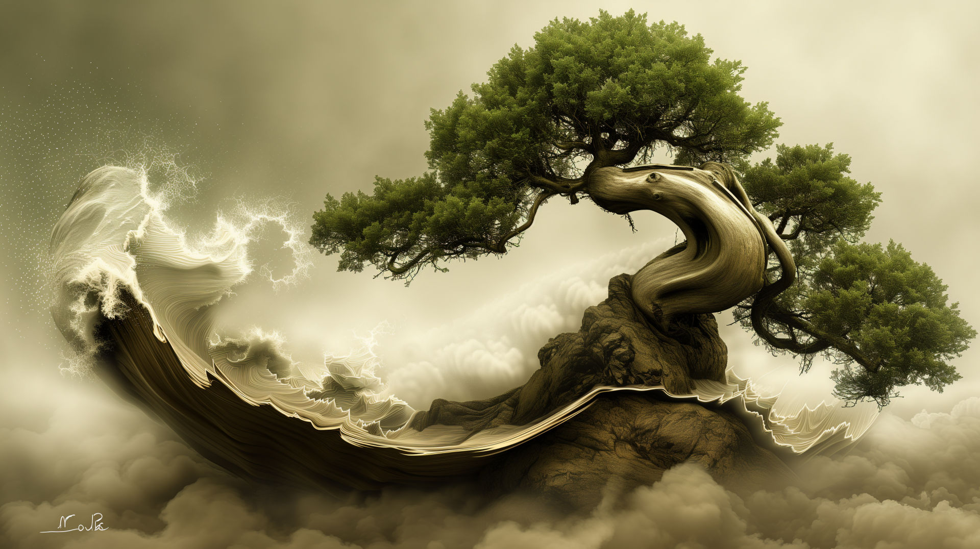 HD desktop wallpaper featuring an artistic rendition of a bonsai tree with a twisting trunk and lush green canopy set against a mystical, cloudy background.