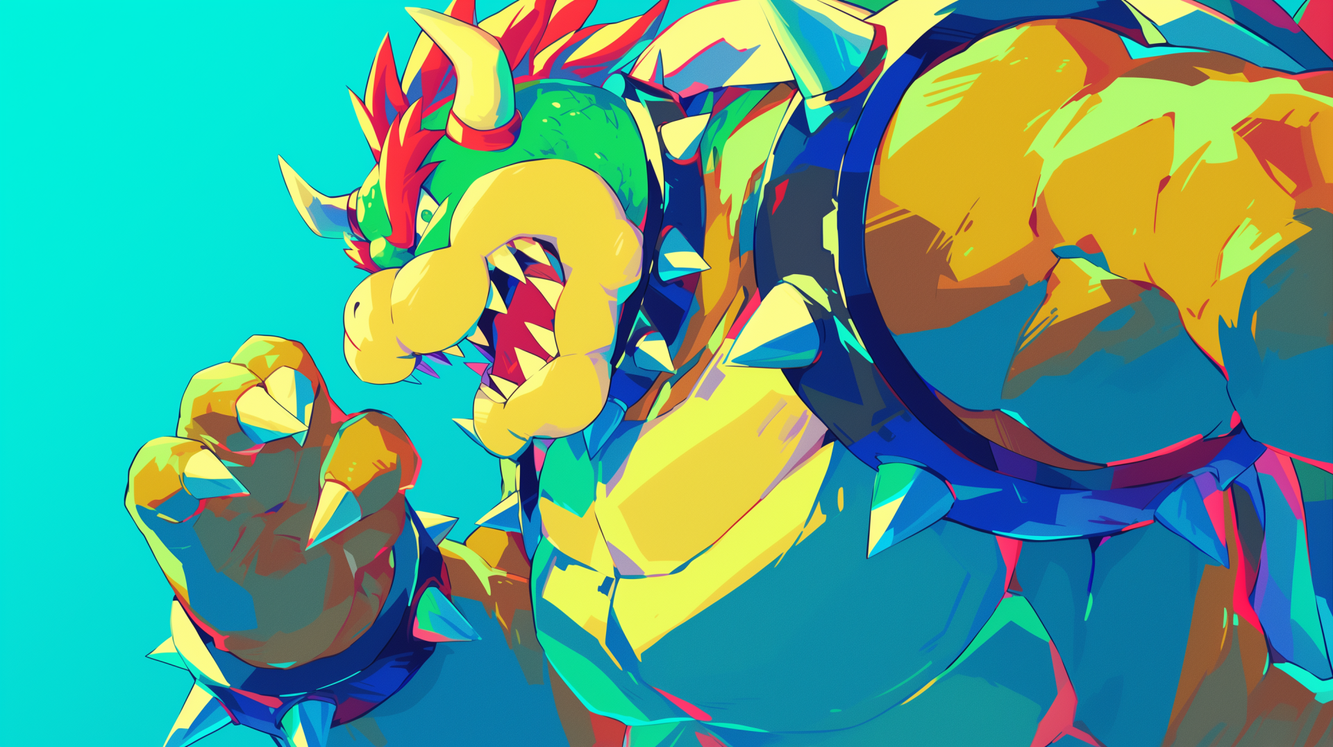 HD desktop wallpaper featuring a vibrant illustration of Bowser, the classic villain from the Super Mario series, set against a dynamic blue background.