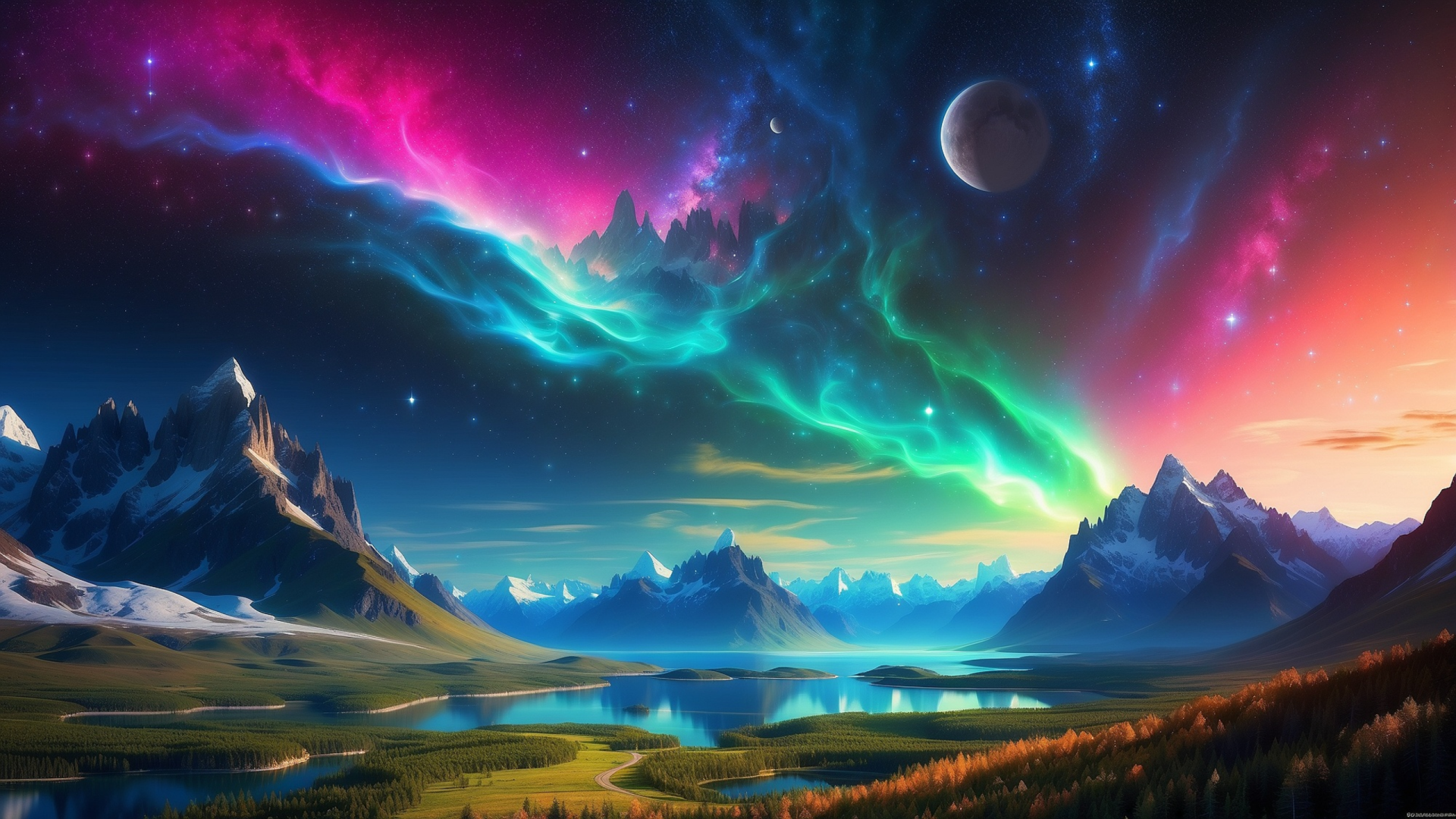 HD desktop wallpaper showcasing vibrant Northern Lights over snowy mountains, with a glowing planet in the starry space sky.