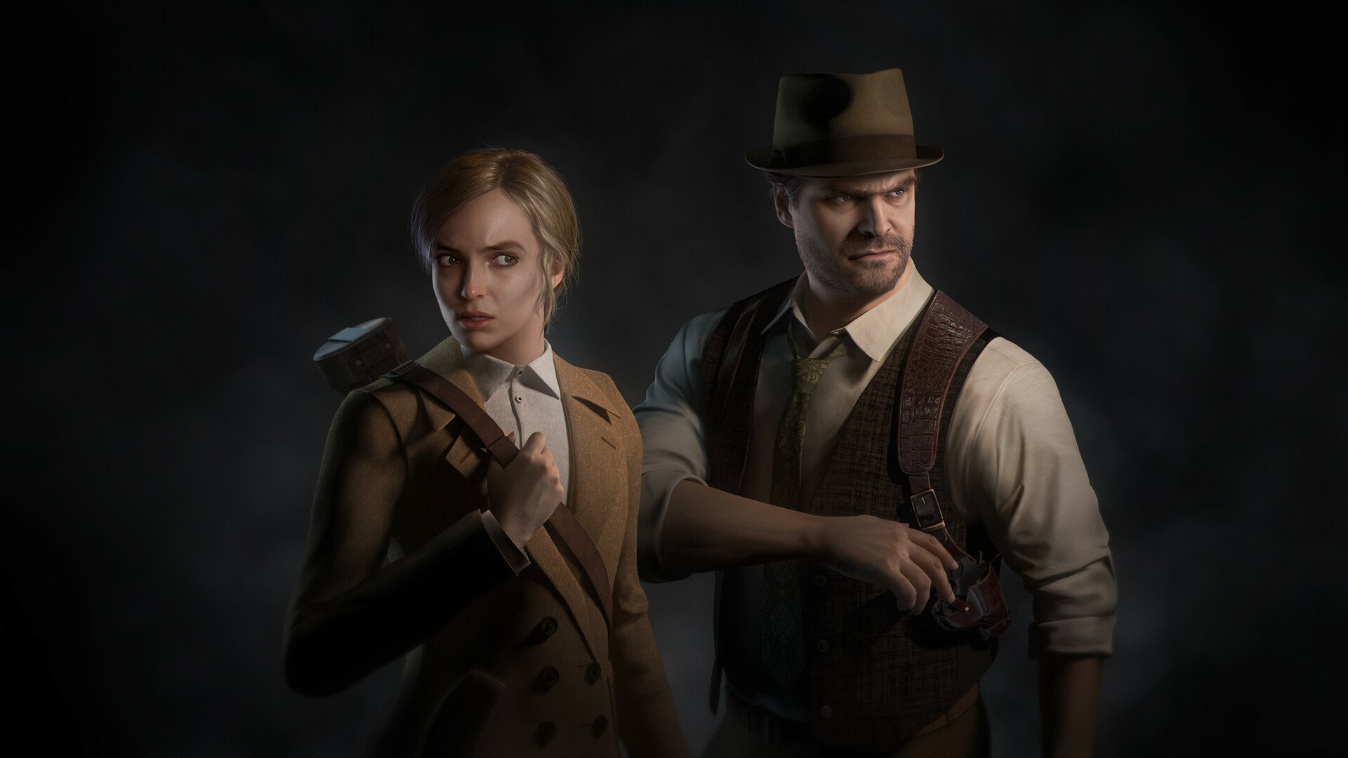 HD wallpaper featuring characters from the 2024 video game Alone in the Dark, a woman and man poised for action against a dark, mysterious backdrop.