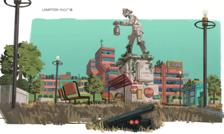 HD desktop wallpaper featuring Farlight 84 futuristic cityscape with a statue centerpiece, vibrant buildings, and post-apocalyptic vibes.